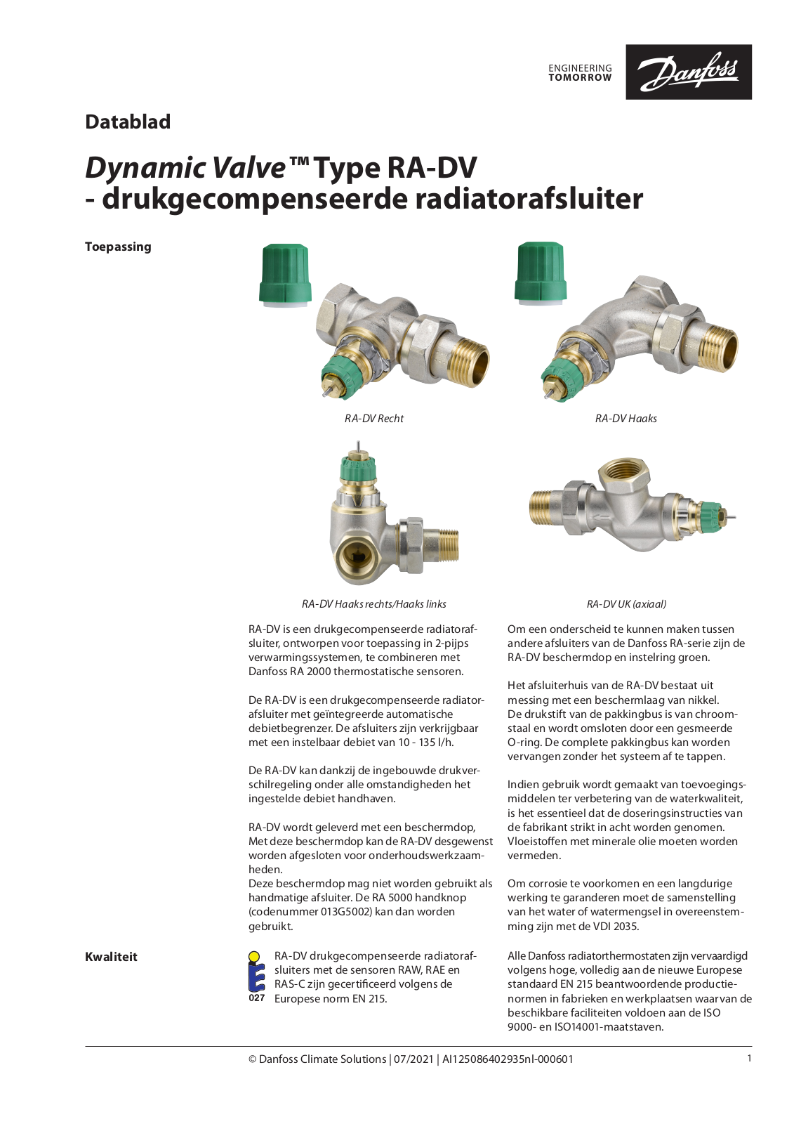 Danfoss RA-DV Data sheet