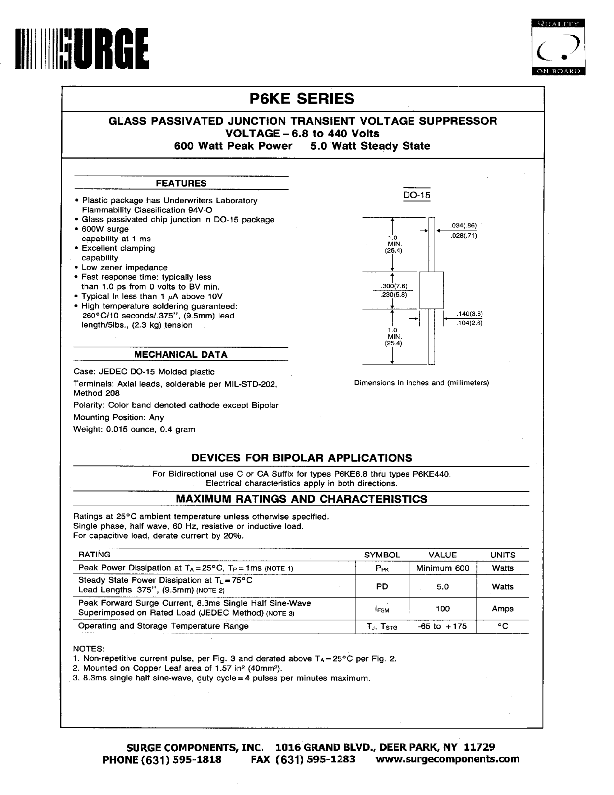 SURGE P6KE100C, P6KE110A, P6KE11A, P6KE12, P6KE12A Datasheet