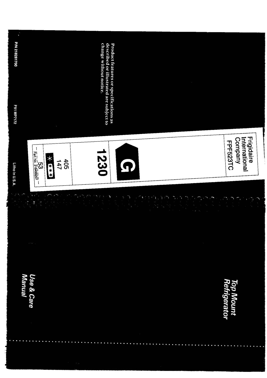 Frigidaire FPF523TCW User Manual