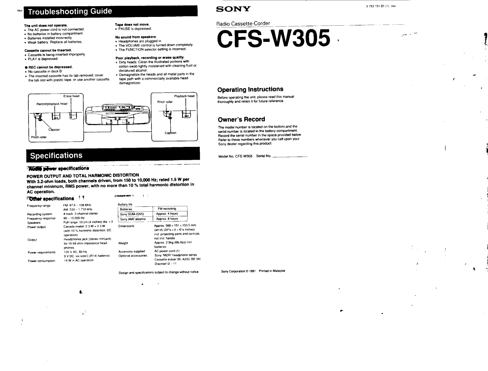 Sony CFS-W305 User Manual