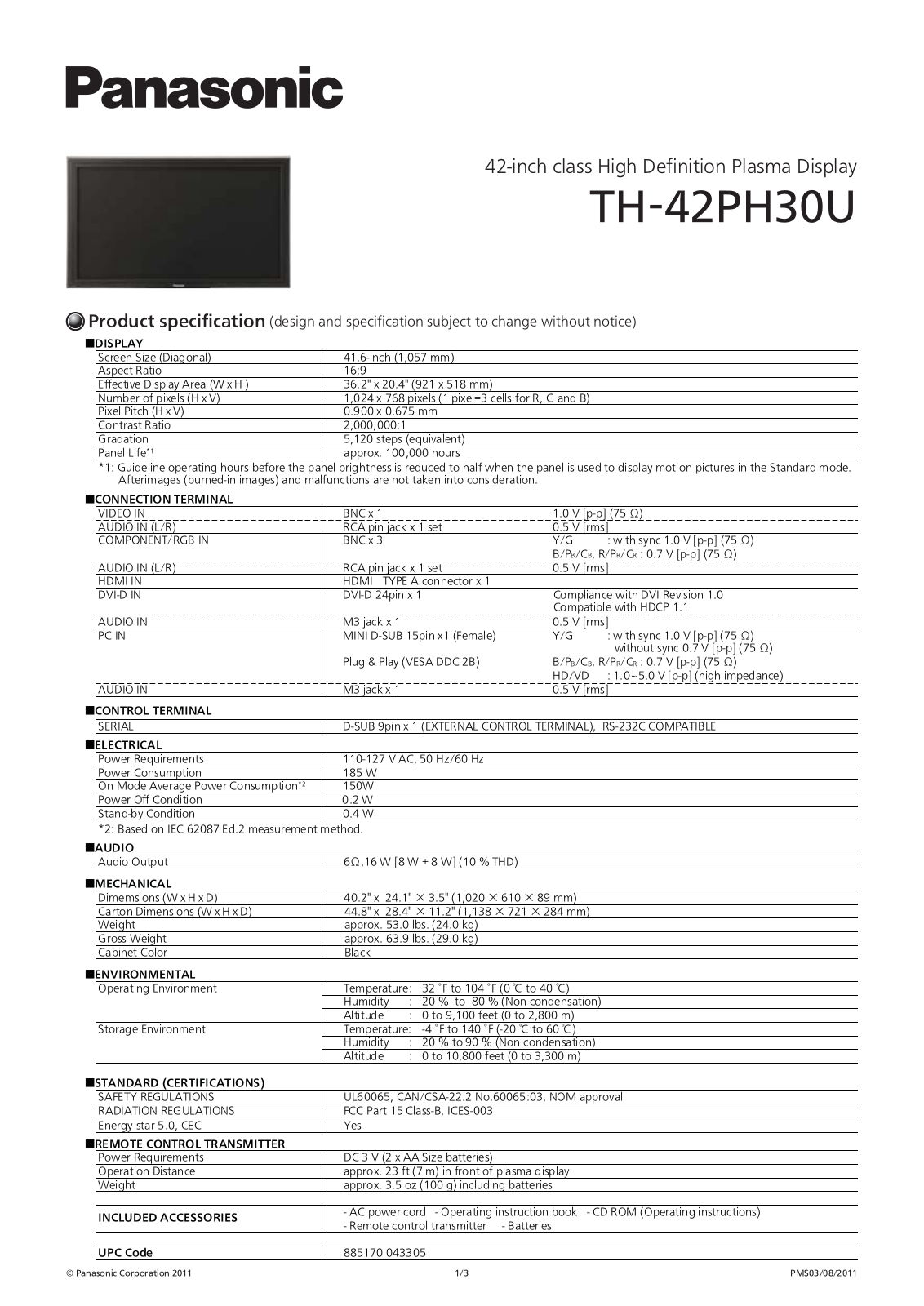 Panasonic TH-42PH30U Specification