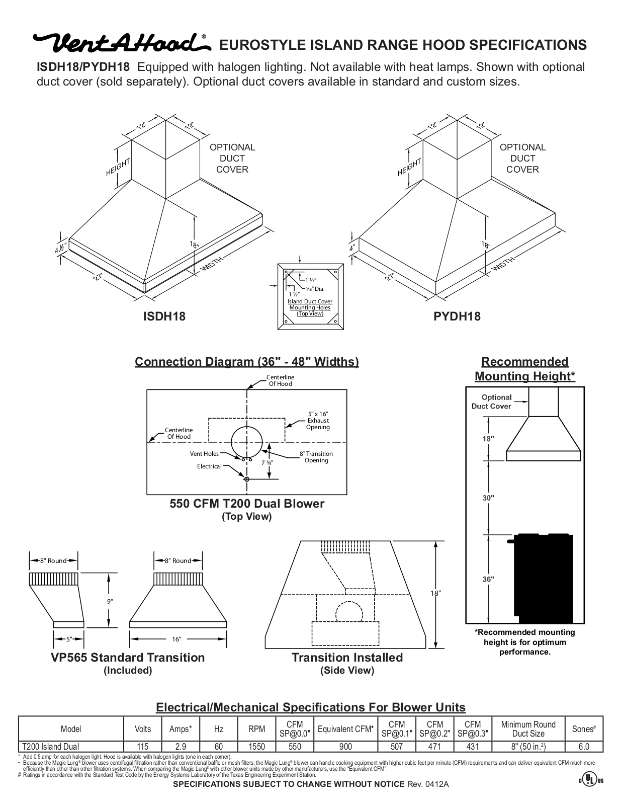 Vent-A-Hood ISDH18, PYDH18 SPECIFICATIONS