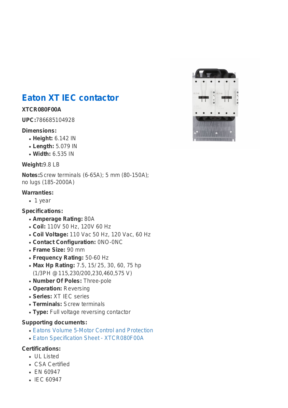 Cutler Hammer, Div of Eaton Corp XTCR080F00A Data Sheet