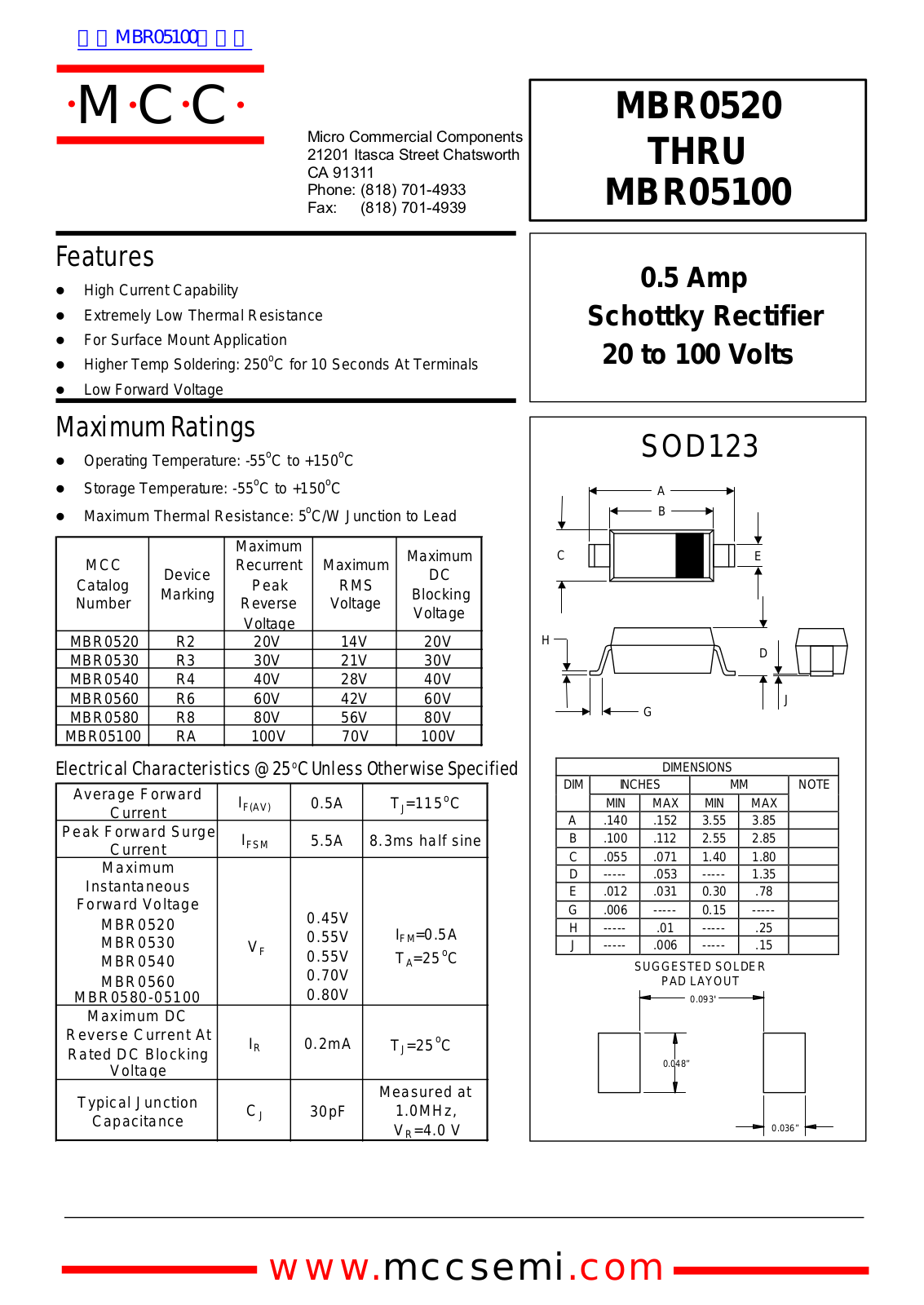 Micro Commercial Components MBR0520, MBR05100 Technical data