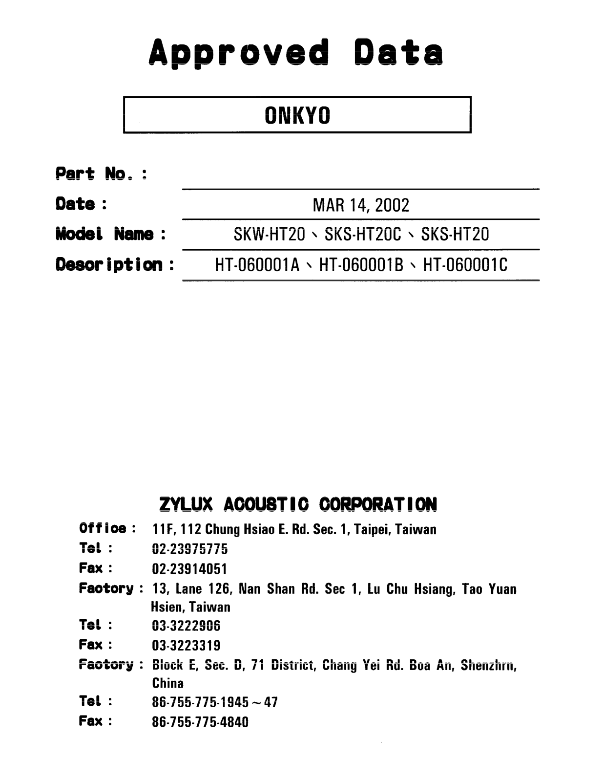 Onkyo SKWHT-20 Service Manual