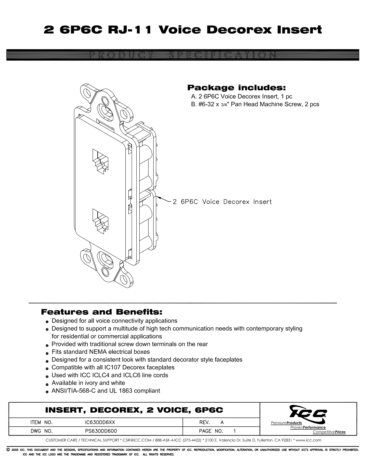 ICC IC630DD6IV, IC630DD6WH Specsheet