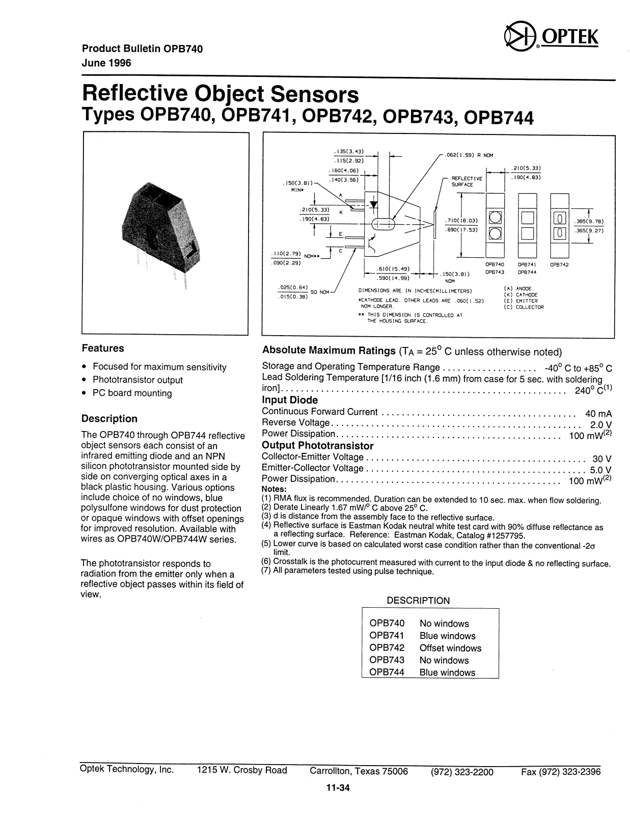 OPTEK OPB740, OPB742, OPB744, OPB741, OPB743 Datasheet