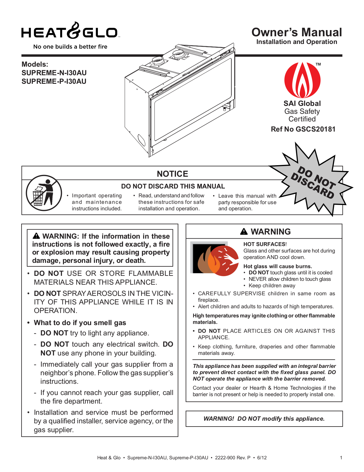 Heat & Glo SUPREME-N-I30AU, SUPREME-P-I30AU User Manual