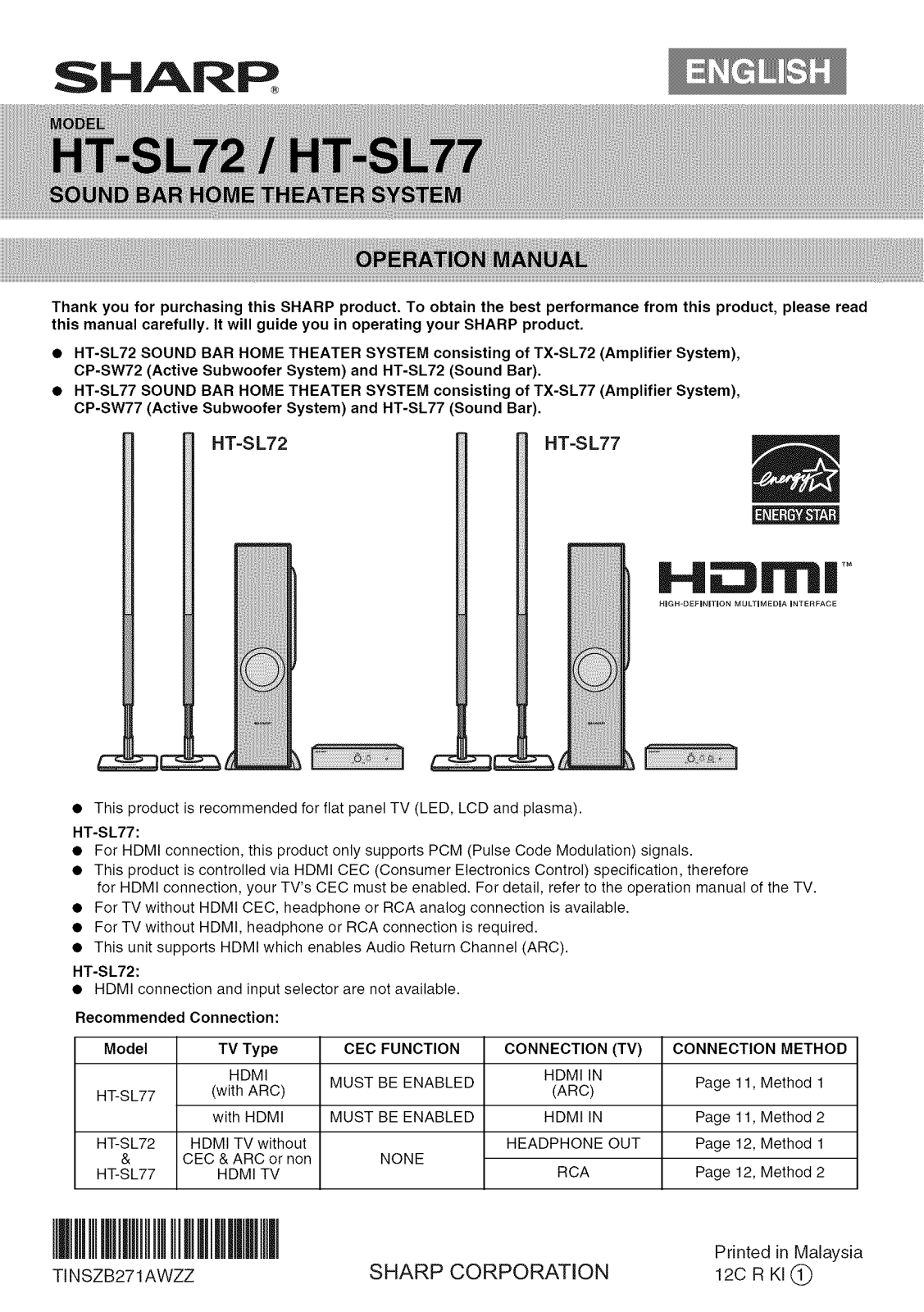 Sharp HT-SL77 Owner’s Manual