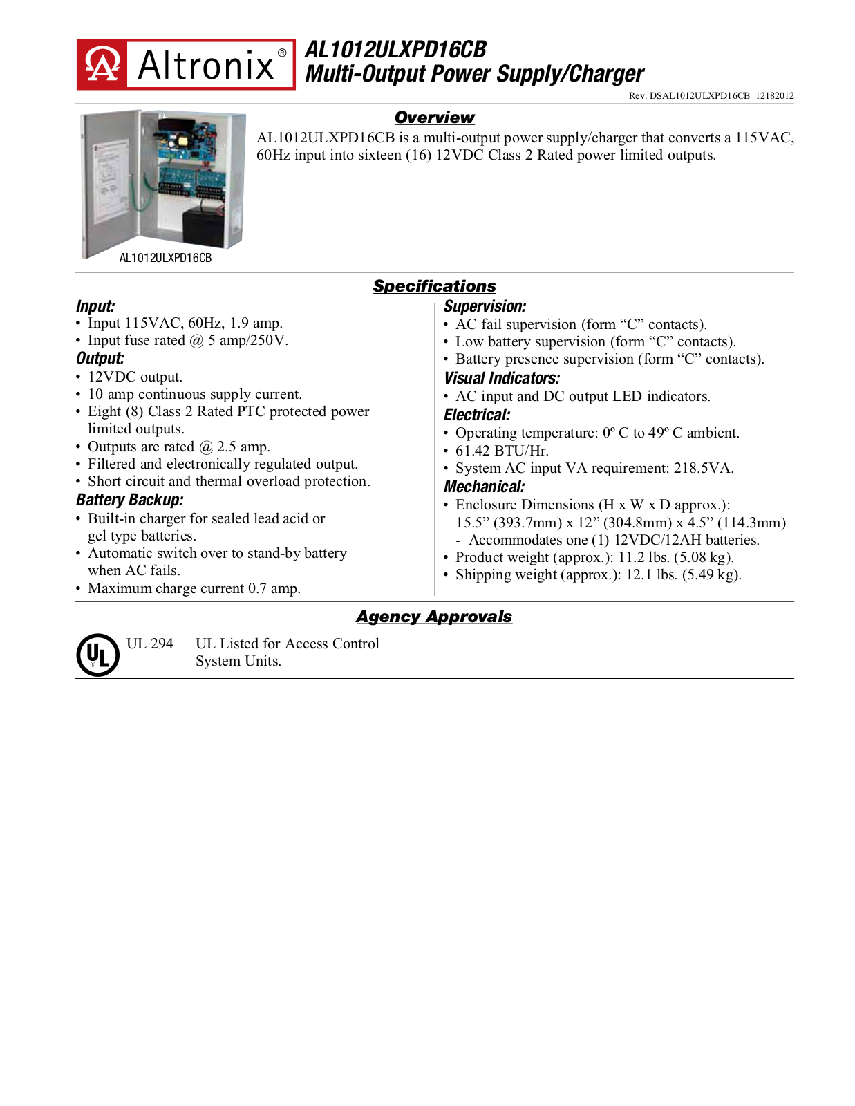 Altronix AL1012ULXPD16CB Specsheet