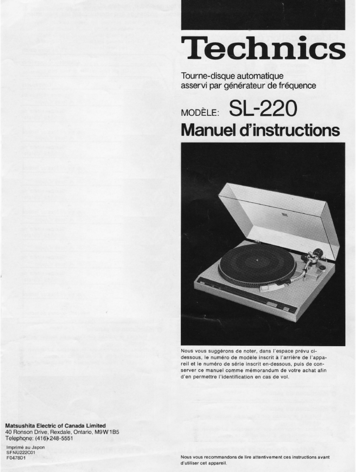 TECHNICS SL-220 User Manual