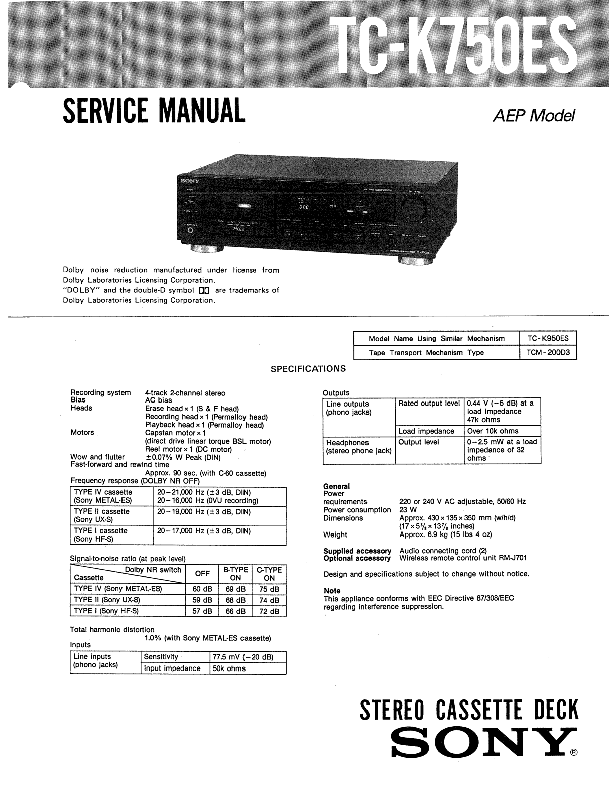 Sony TCK-750-ES Service manual