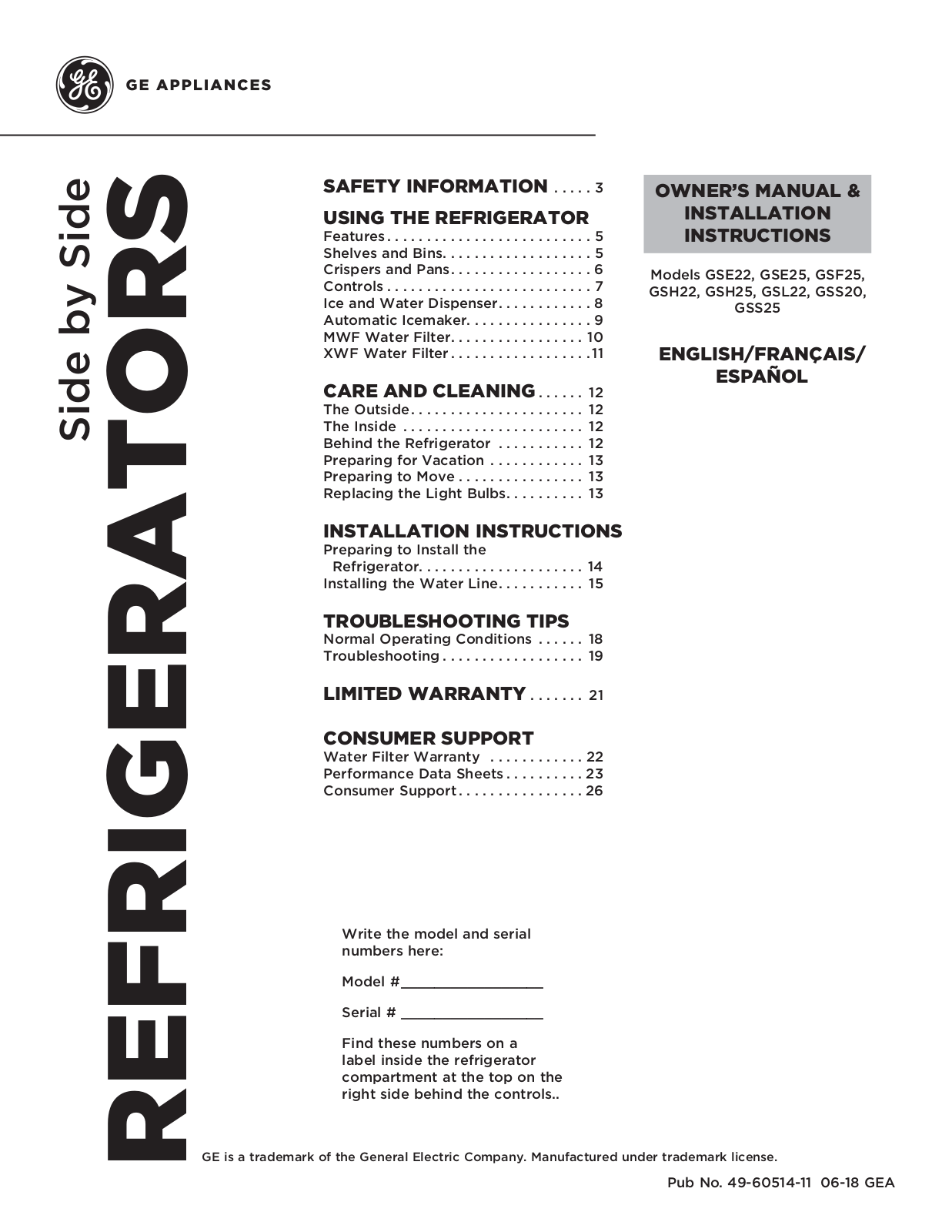 GE GSE22, GSE25, GSF25, GSH22, GSH25 Owner’s Manual & Installation Instructions