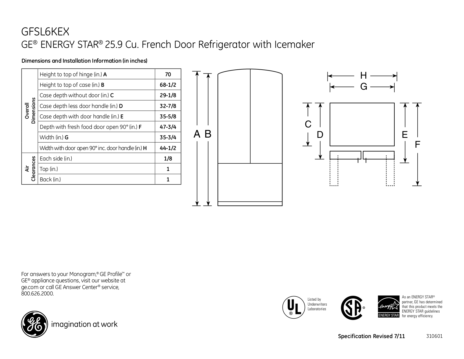 GE GFSL6KEX Specification