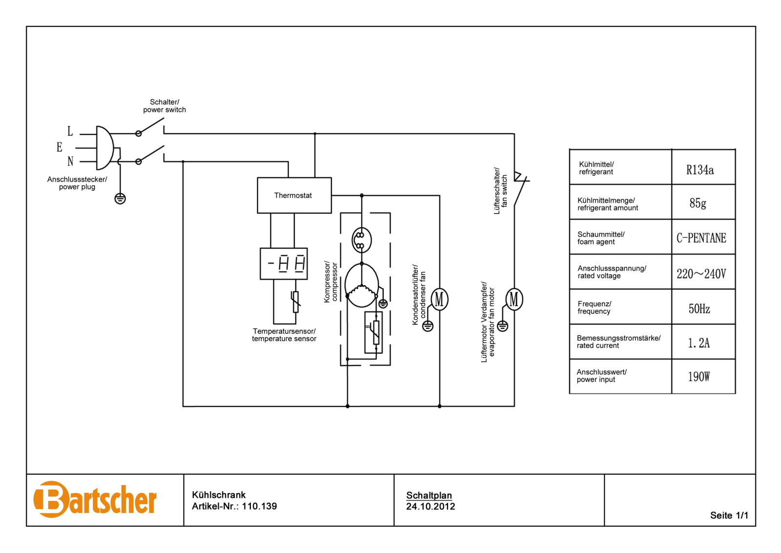 Bartscher 110139 Electrical schematic