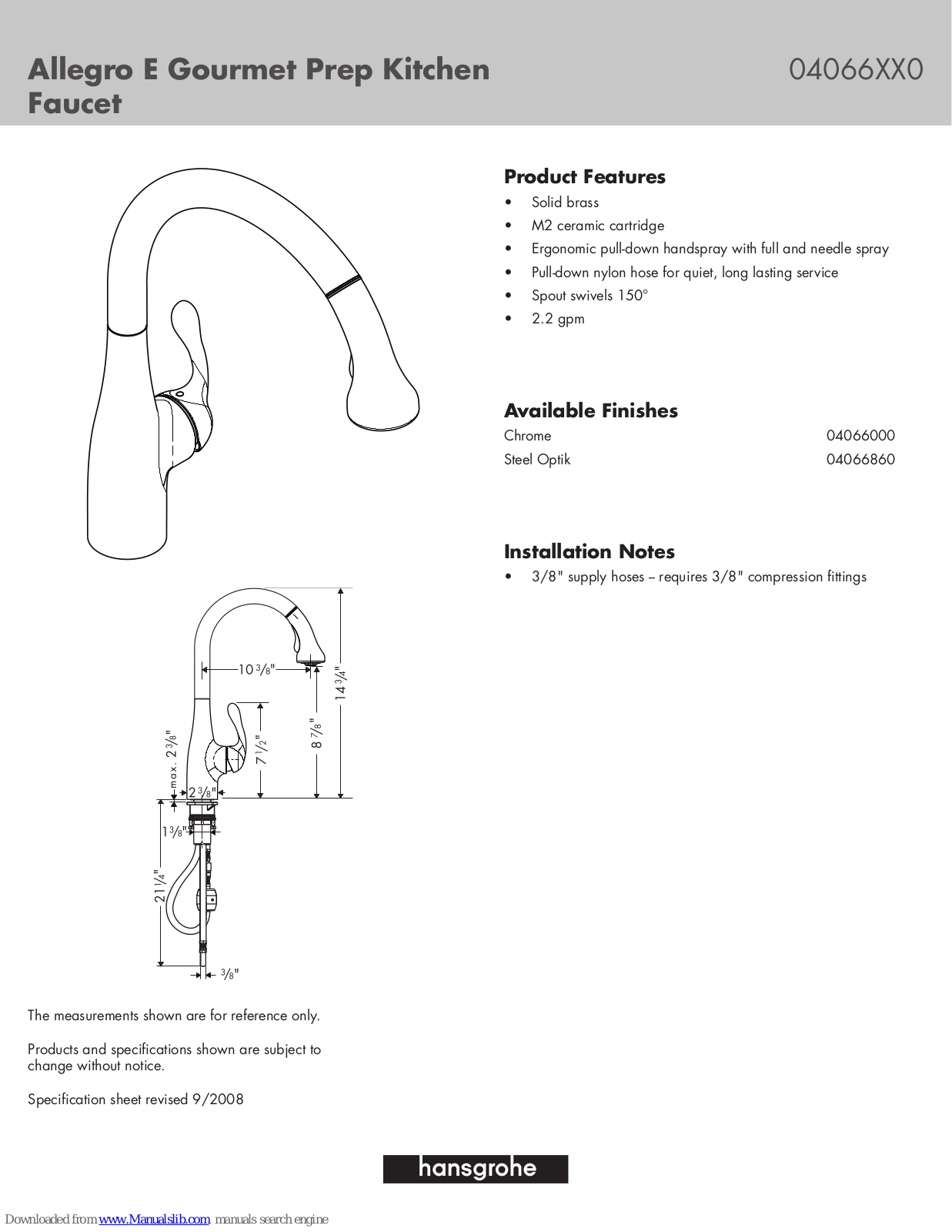 Hansgrohe Allegro E Gourmet Prep Kitchen Faucet, 04066000, 04066860 Specification Sheet