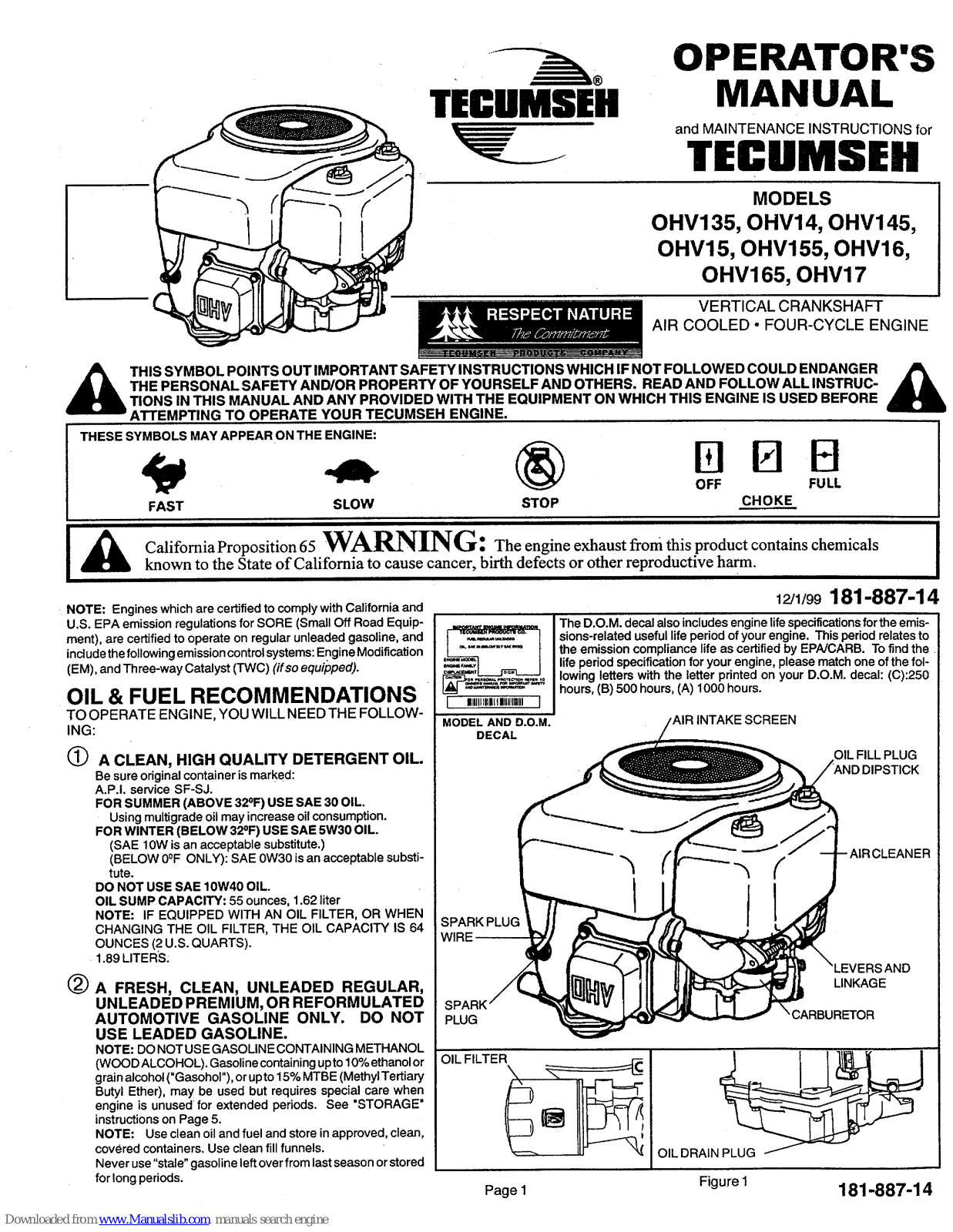 Tecumseh OHV135, OHV14, OHV145, OHV15, OHV155 Operator's Manual