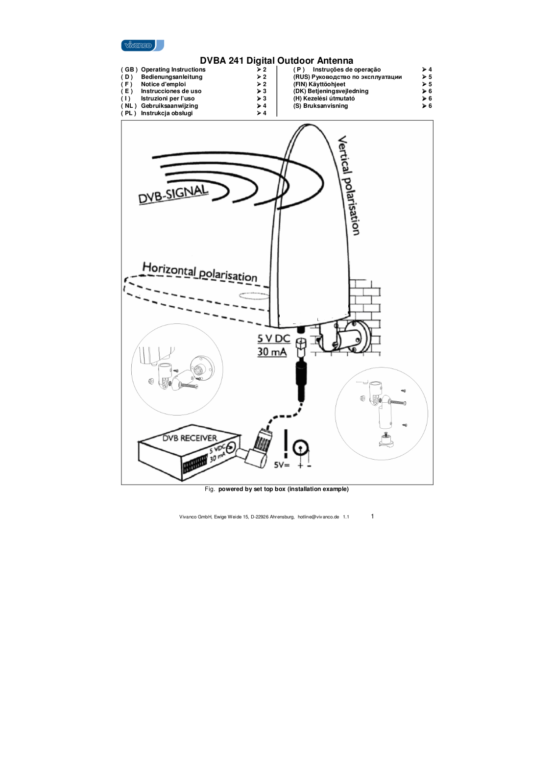 VIVANCO BOOSTED DIGITAL DVB-T OUTDOOR ANTENNA MAX. 22DB User Manual