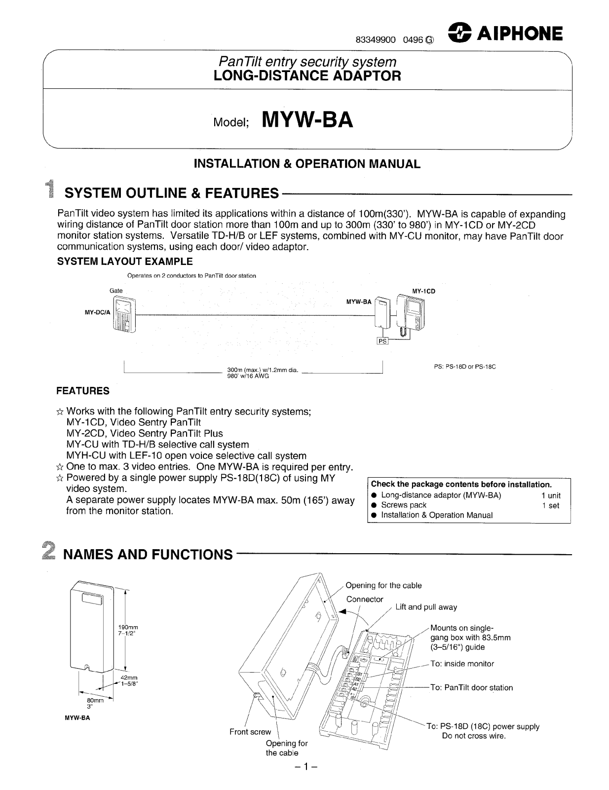 Aiphone MYW-BA User Manual