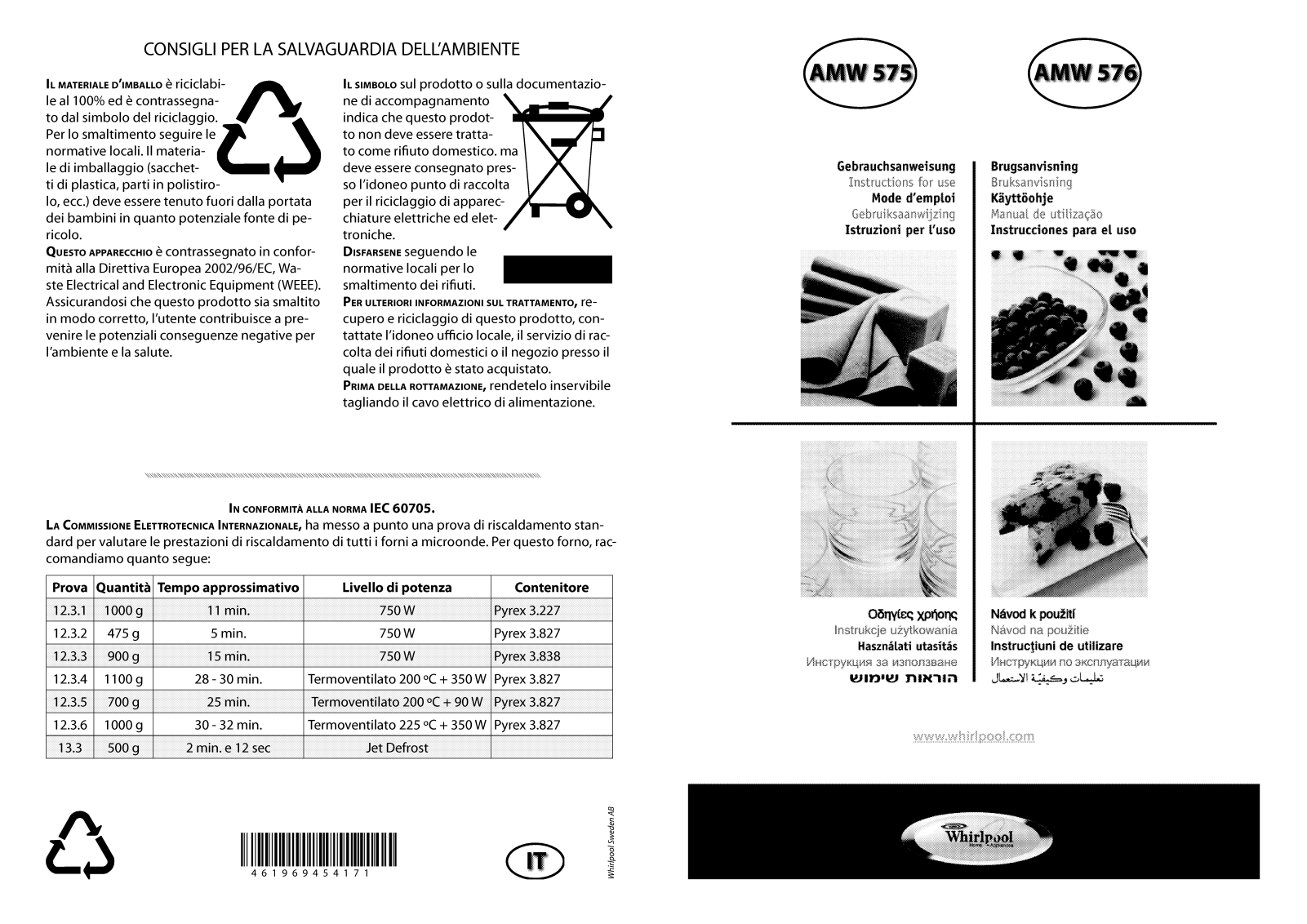 Whirlpool AMW 576 IX, AMW 576 WH, AMW 576 NB INSTRUCTION FOR USE