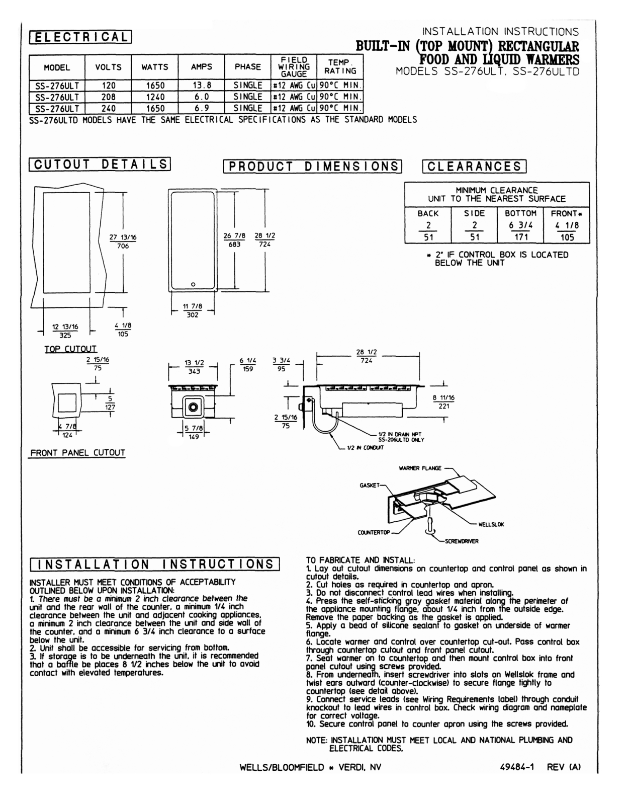 Wells SS276ULTD Installation  Manual