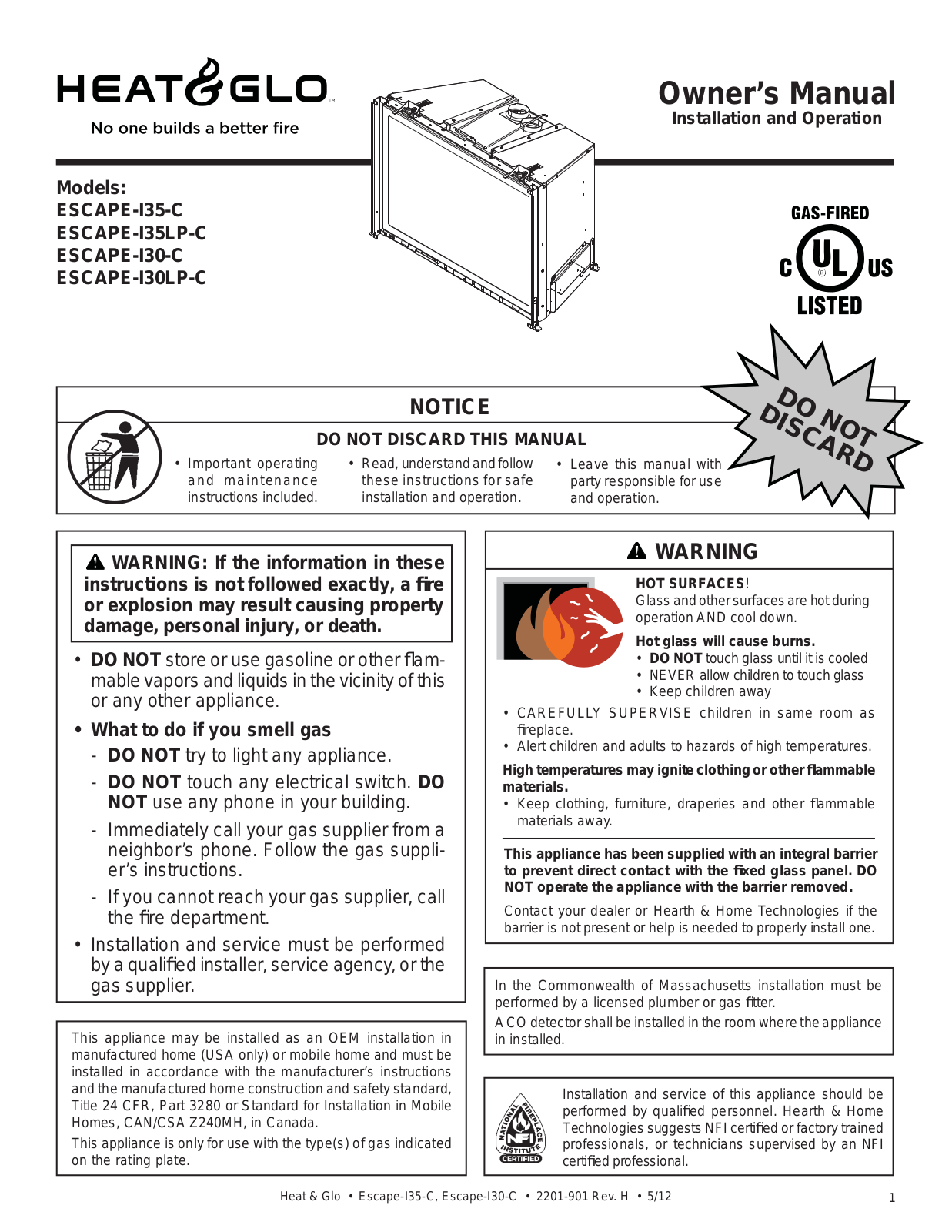 Heat & Glo LifeStyle ESCAPE-I35-C User Manual