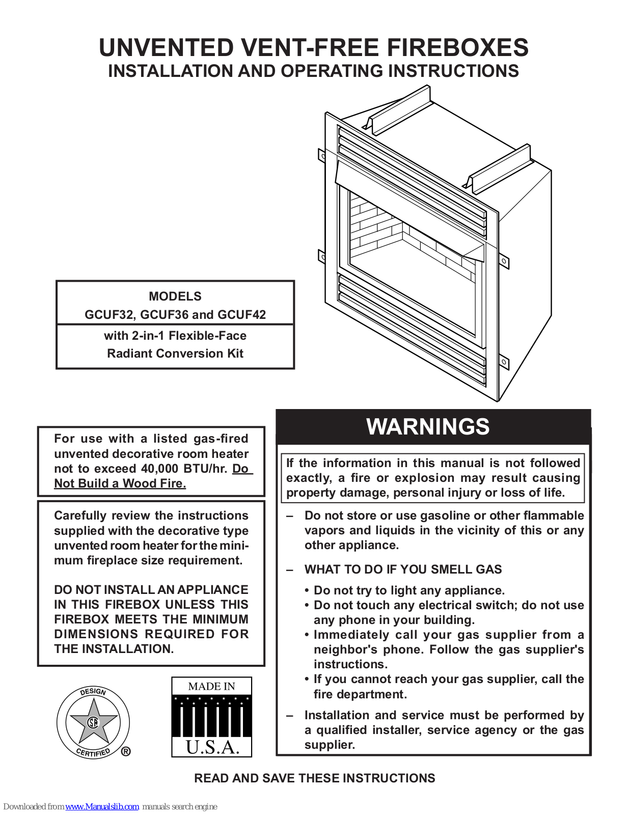 Monessen Hearth GCUF32, GCUF36, GCUF42 Installation And Operating Instructions Manual