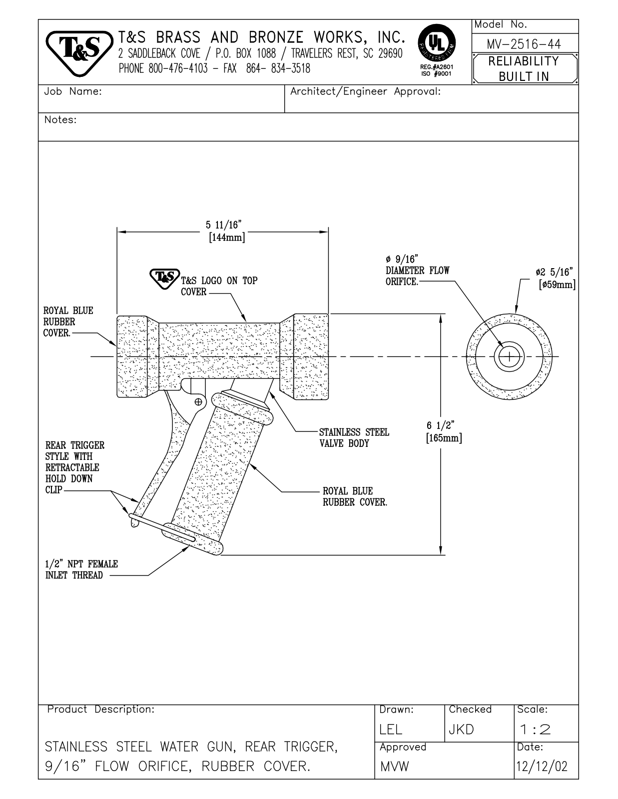 T&S Brass MV-2516-44 User Manual