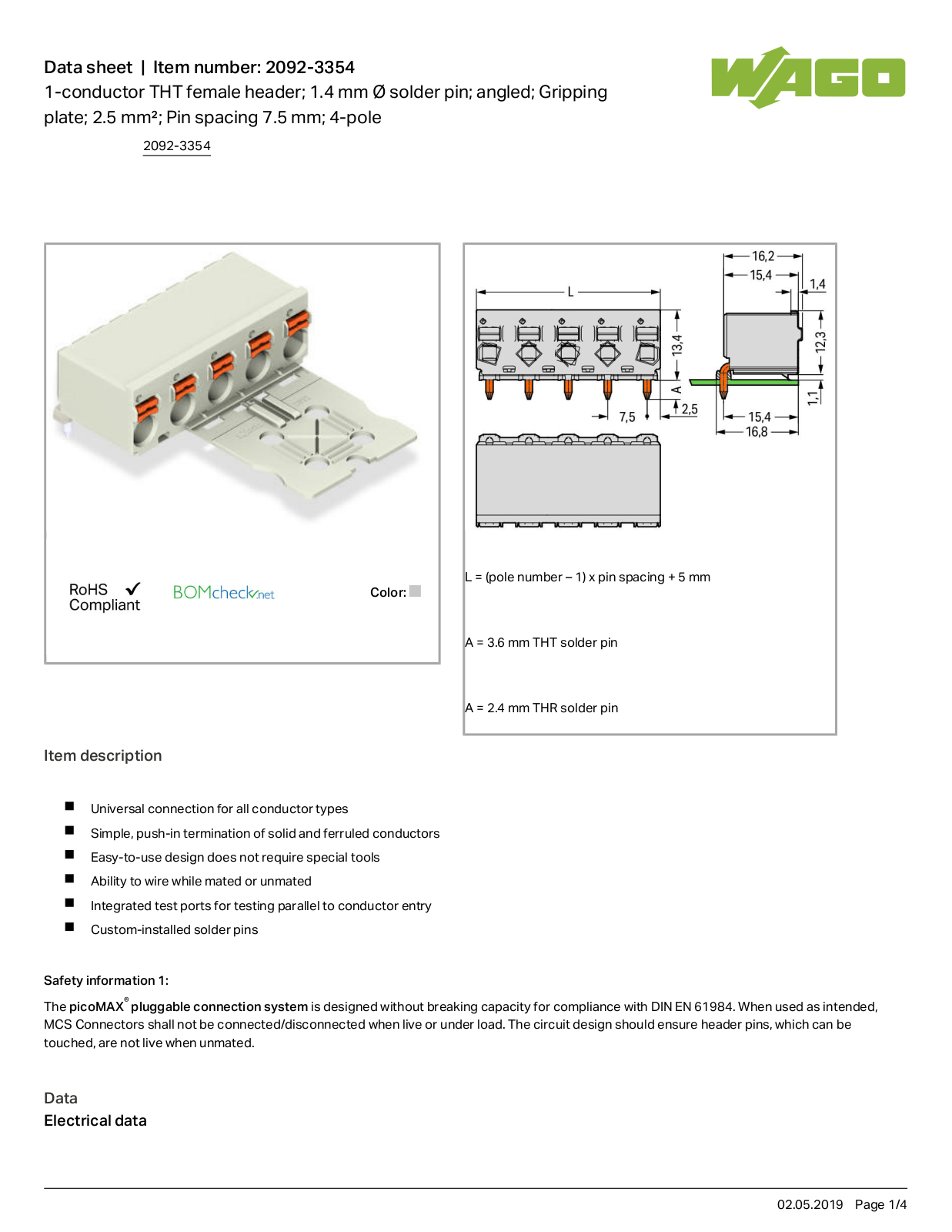 Wago 2092-3354 Data Sheet