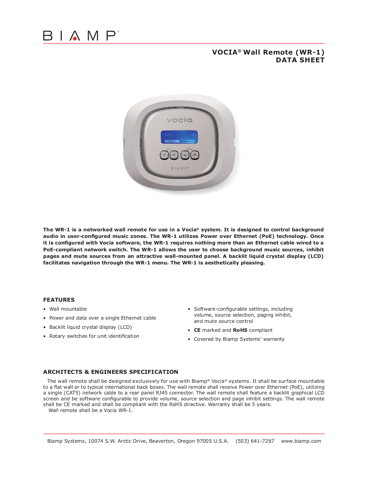 Biamp VOCIA WALL REMOTE User Manual