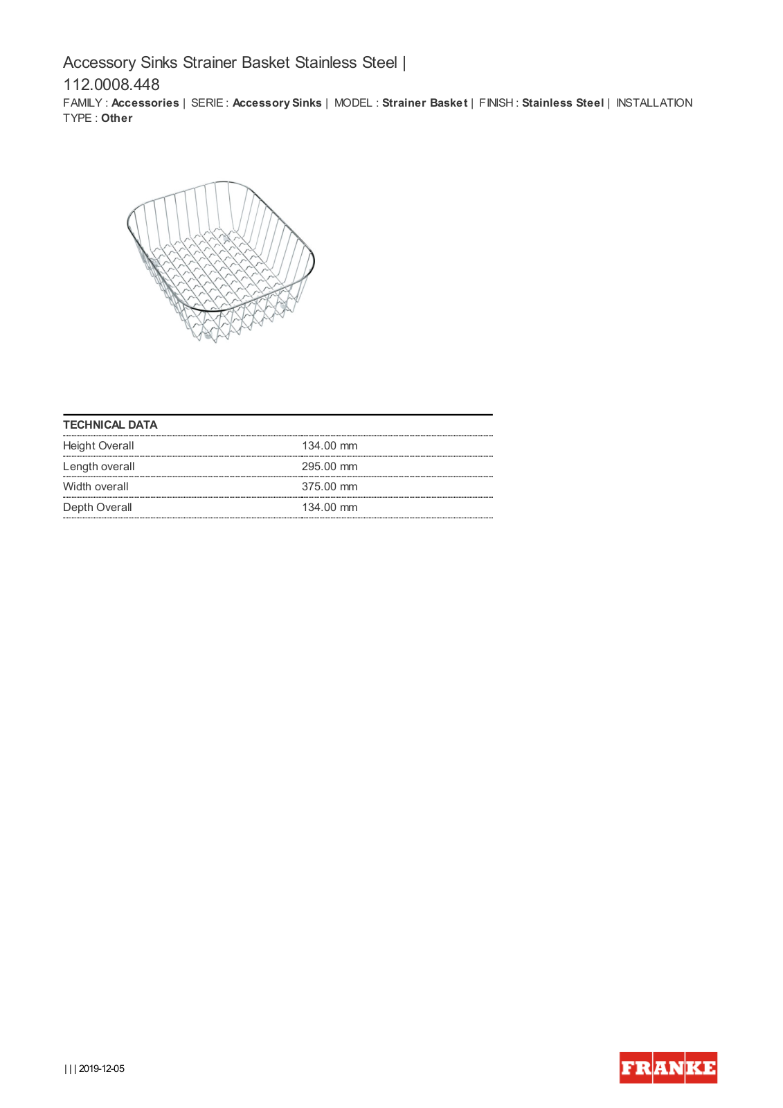 Franke DB784 Specifications Sheet