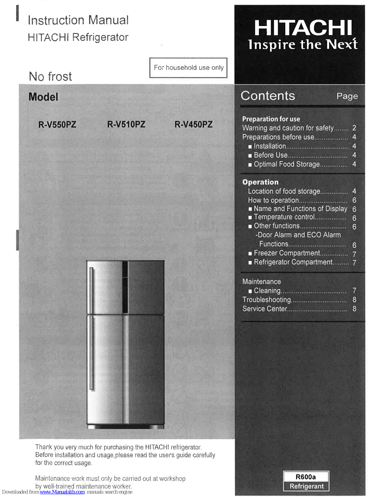 Hitachi R-V550PZ, R-V510PZ, R-V450PZ Instruction Manual