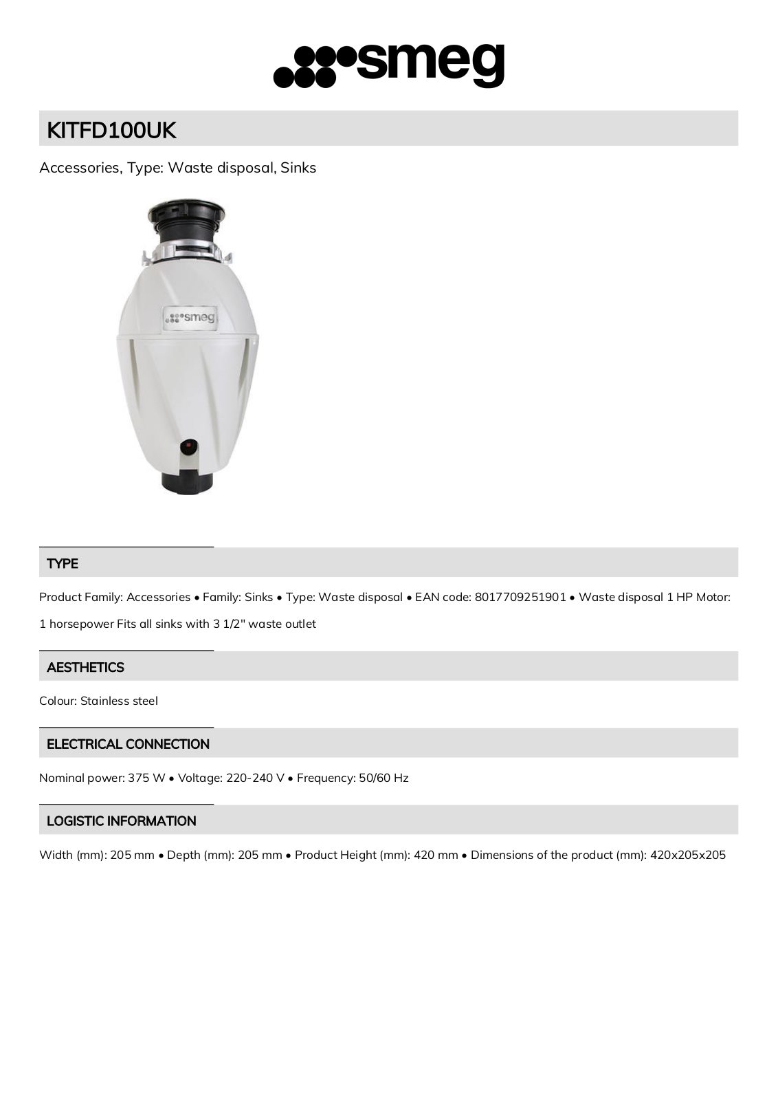 Smeg KITFD100UK Technical sheet