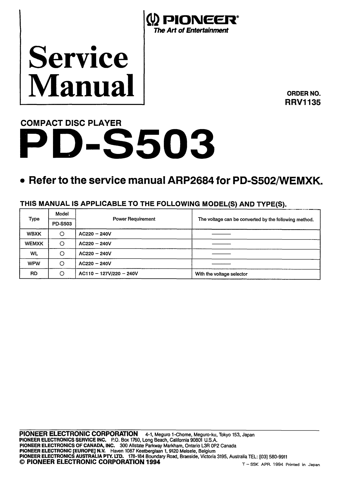 Pioneer PD-S503 Schematic