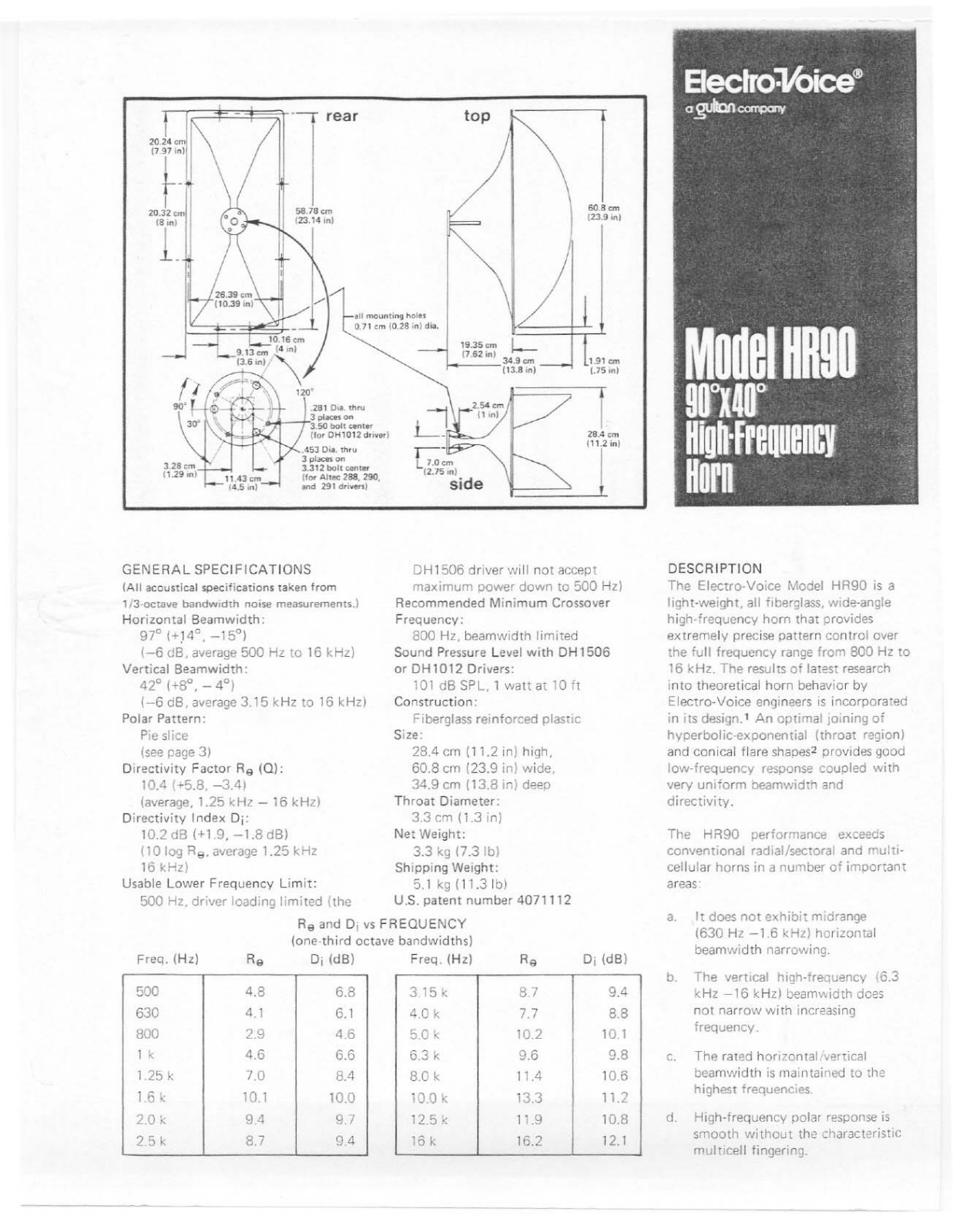 Electro-voice HR90 DATASHEET