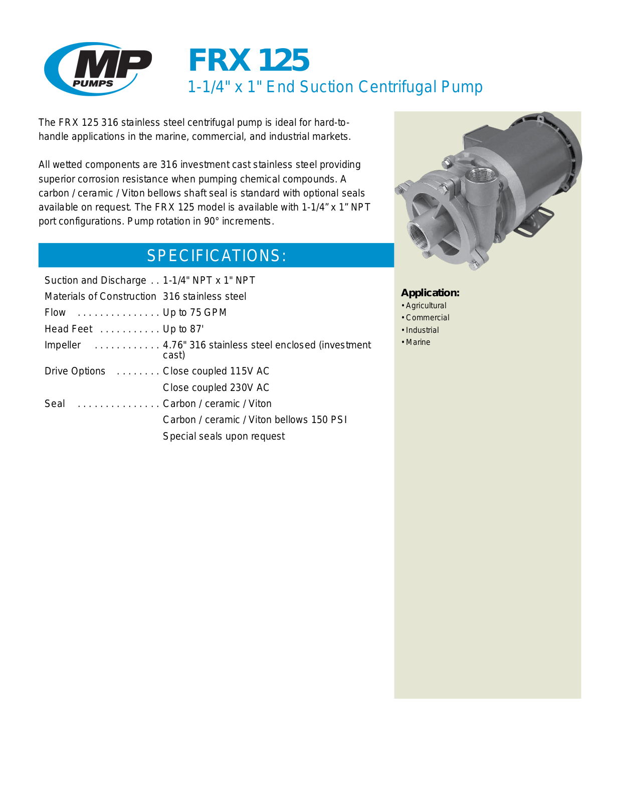 MP Pumps FRX 125 User Manual