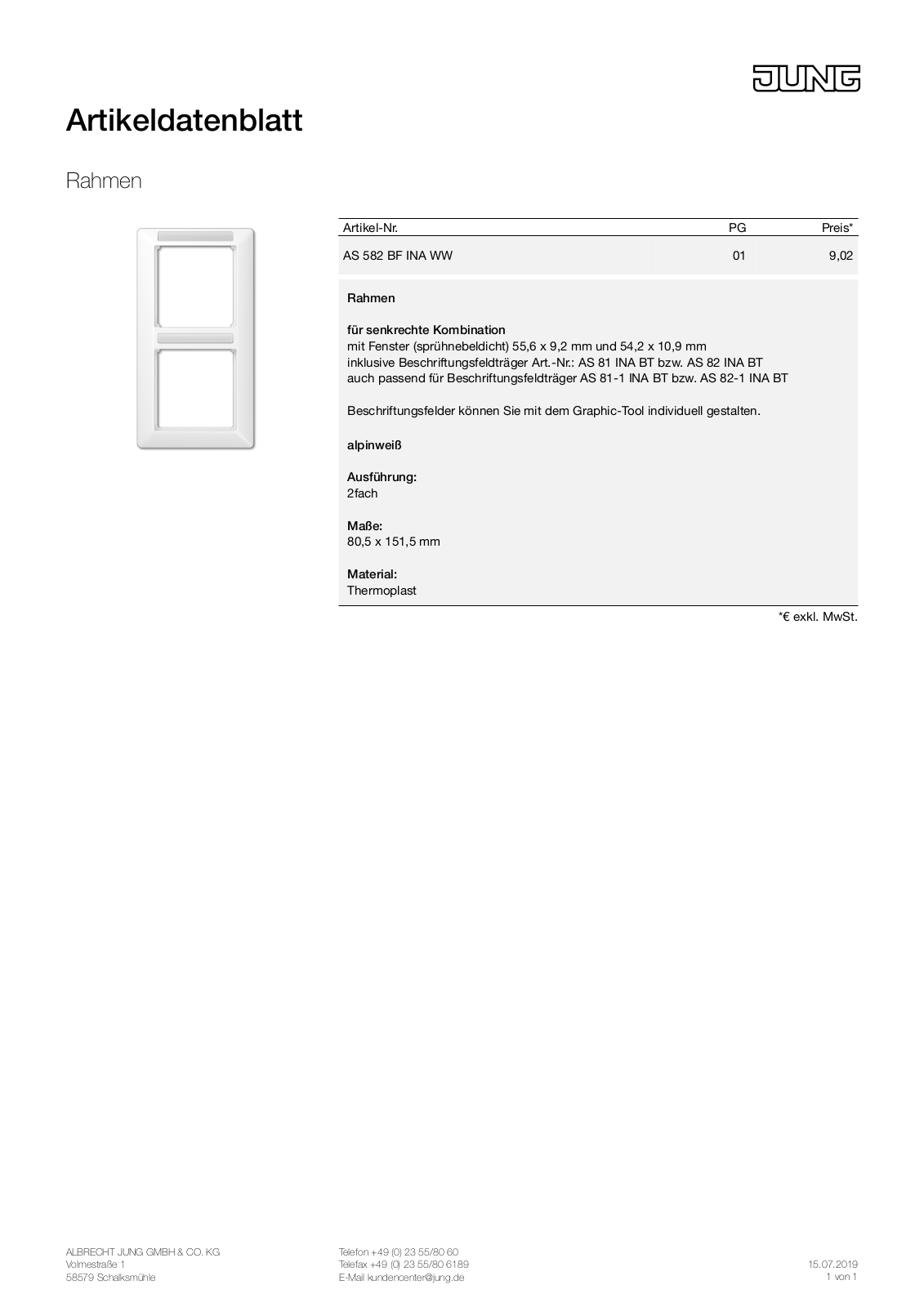 Jung AS 582 BF INA WW User Manual