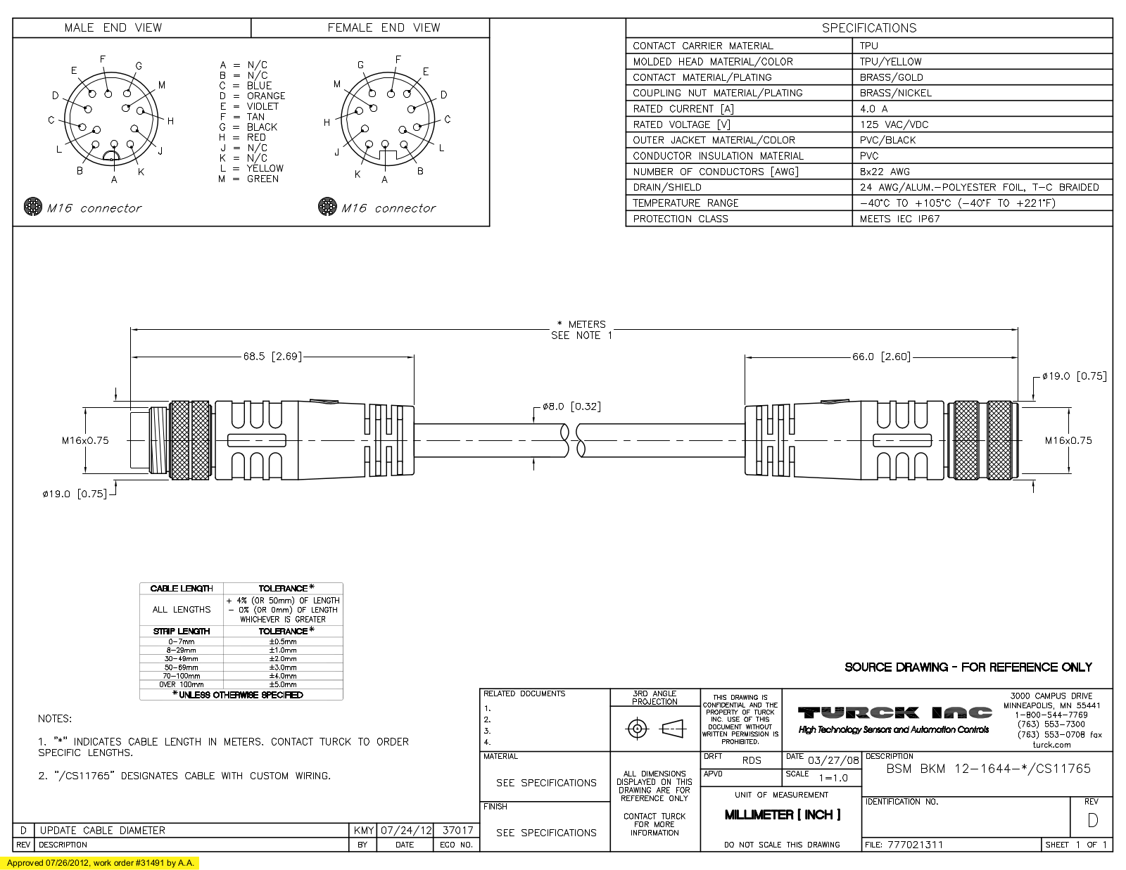 Turck BSMBKM12-1644-1.3/CS11765 Specification Sheet