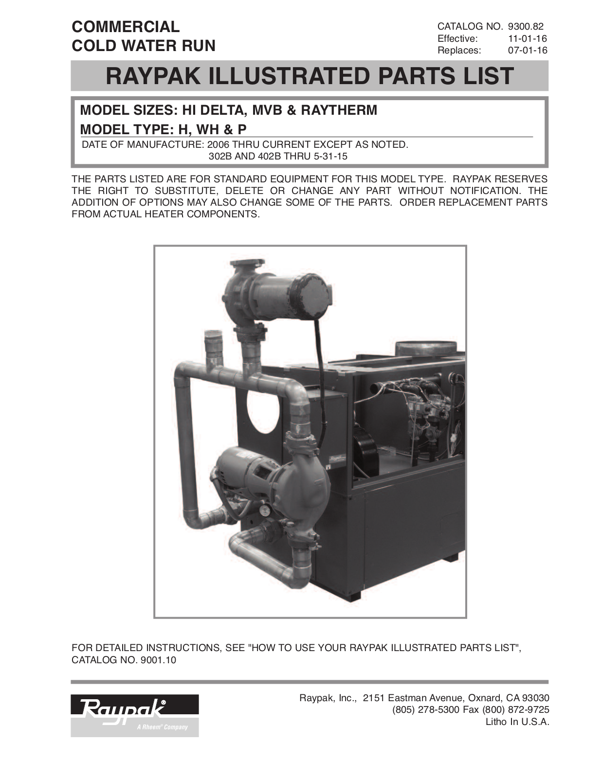 Raypak H3-1003A Parts List