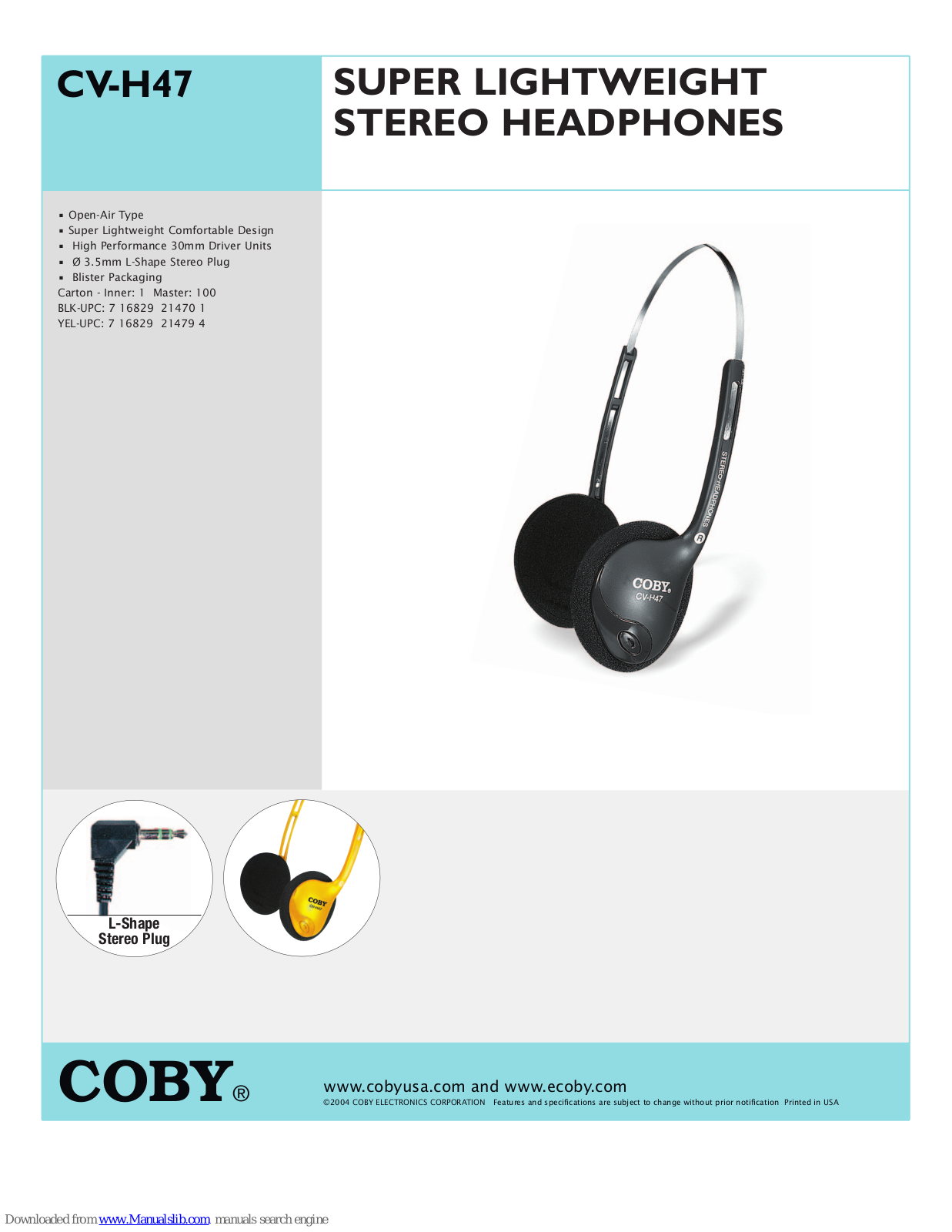 Coby CV-H47 - Headphones - Semi-open Specification Sheet