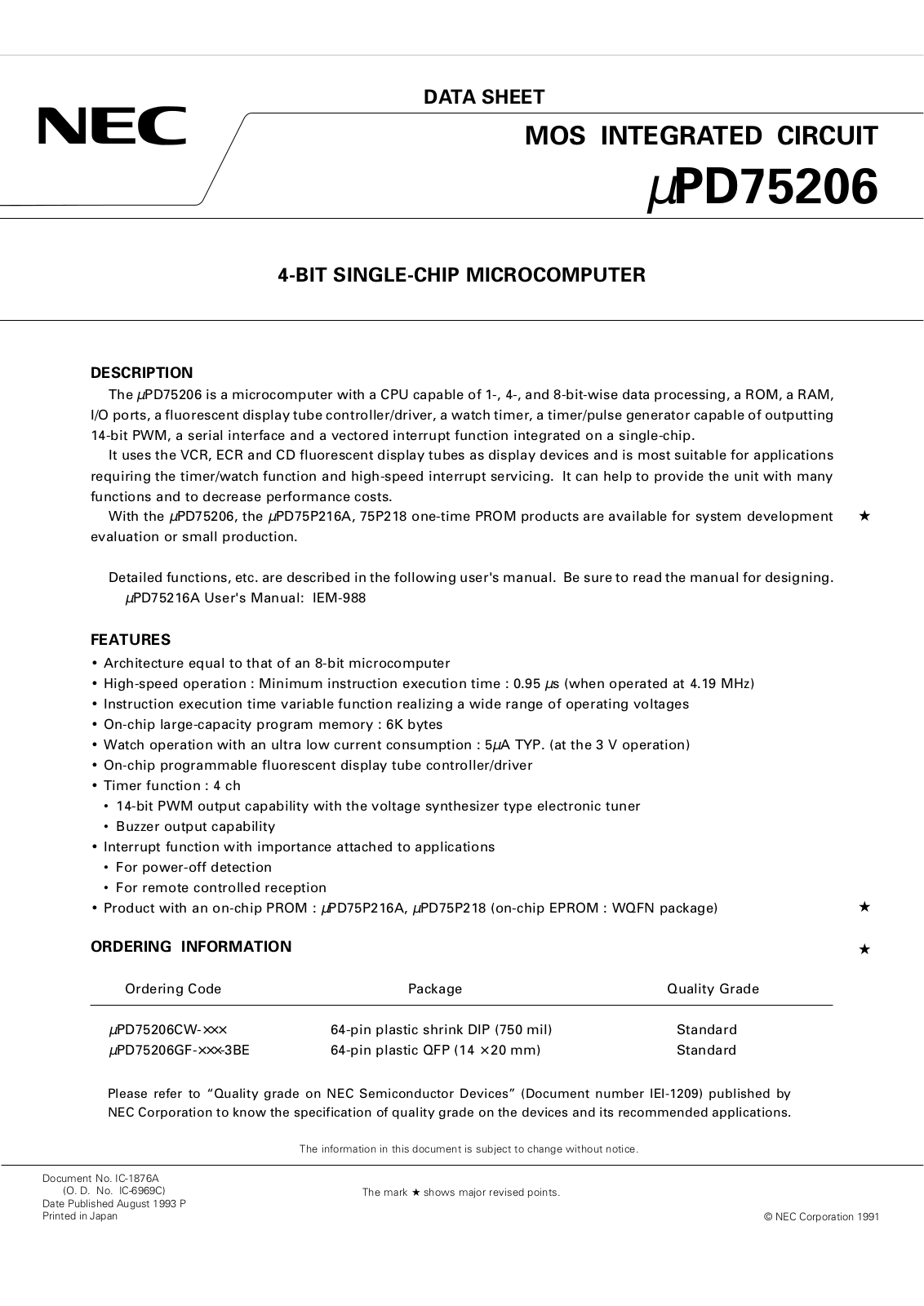 NEC UPD75206GF-XXX-3BE, UPD75206CW-XXX, UPD75206G-XXX-1B Datasheet