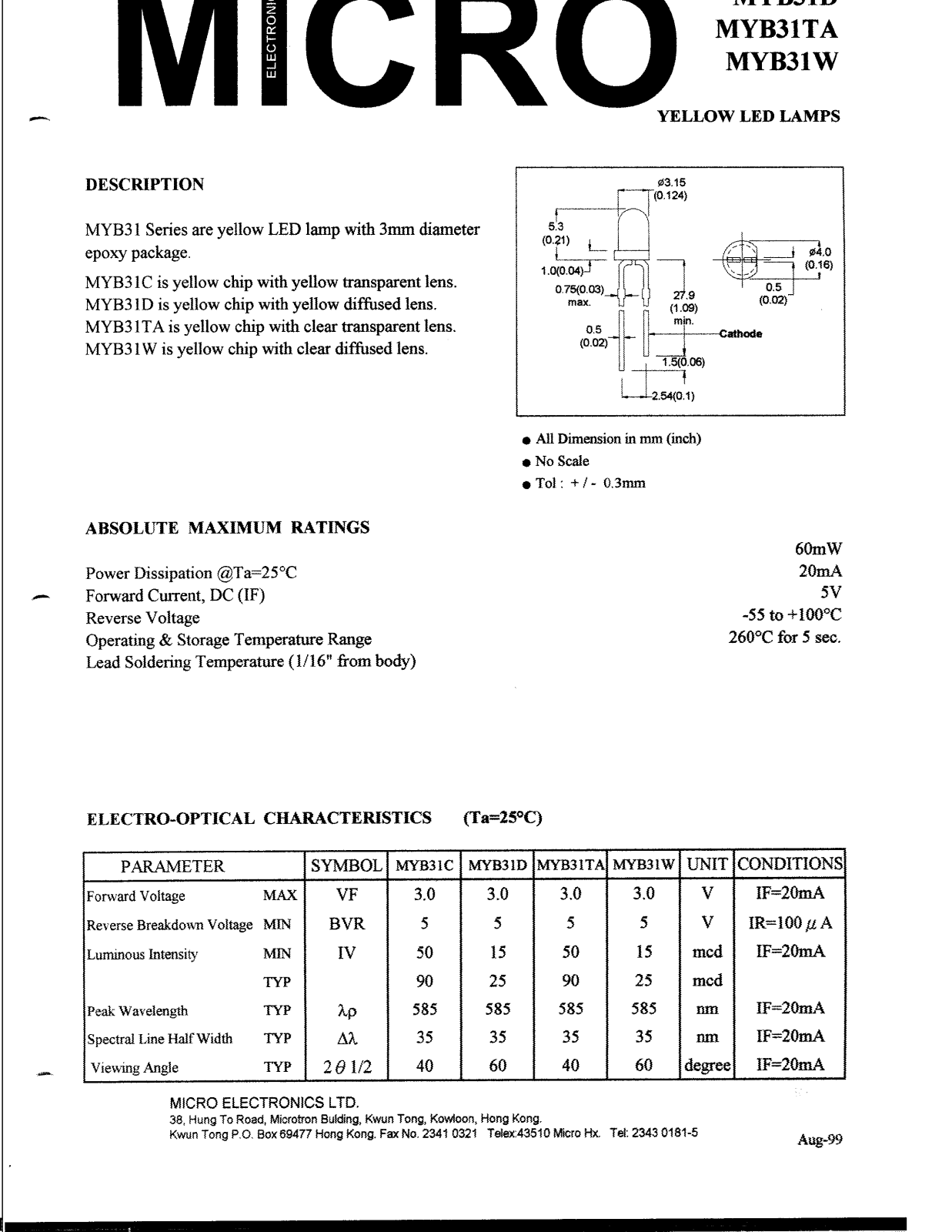 MICRO MYB31W, MYB31C, MYB31D, MYB31TA Datasheet