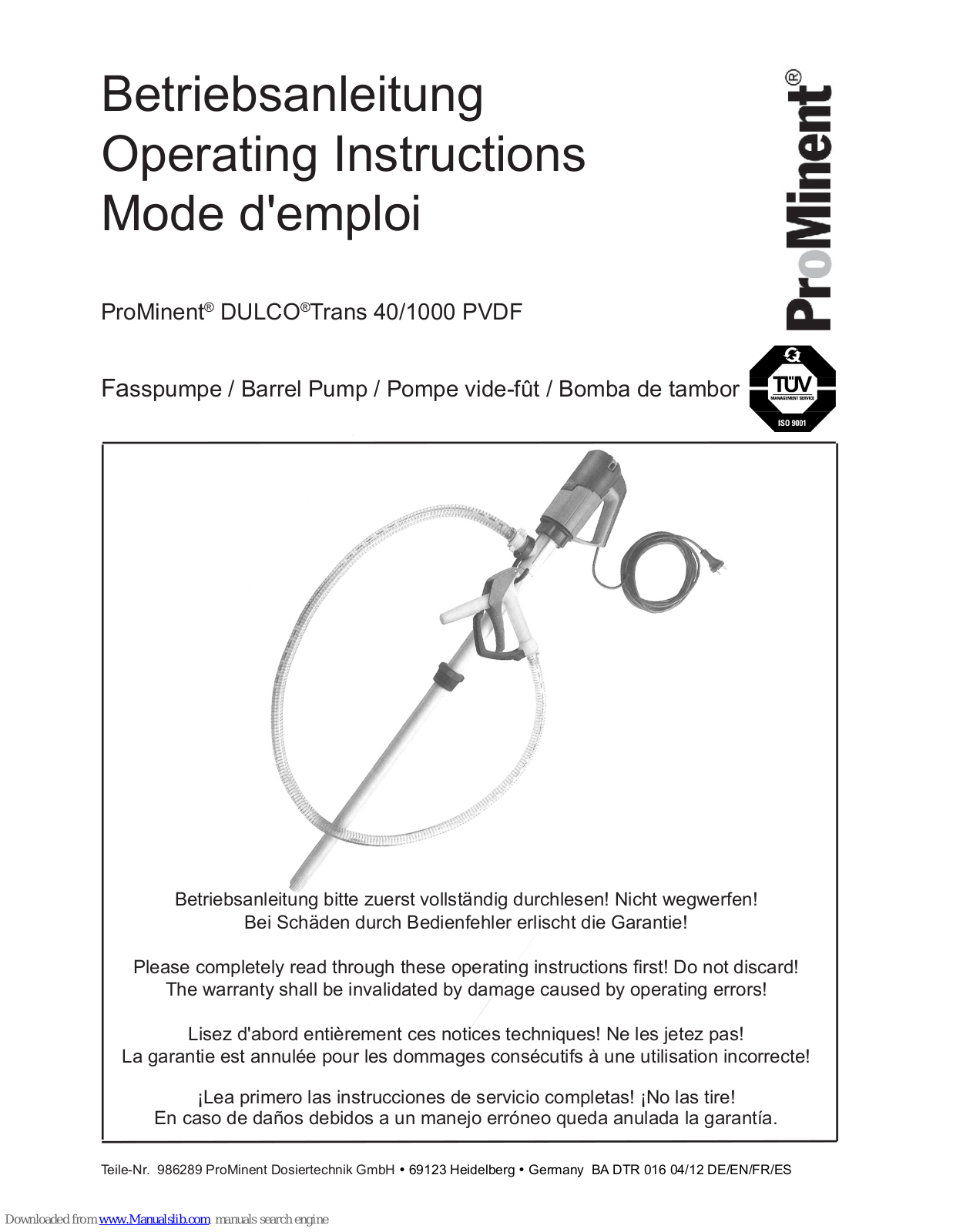 ProMinent DULCO Trans 40/1000 PVDF Operating Instructions Manual