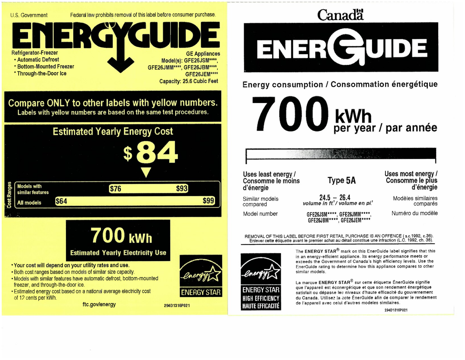 General Electric GFE26JSMSS, GFE26JBMTS Energy Guide