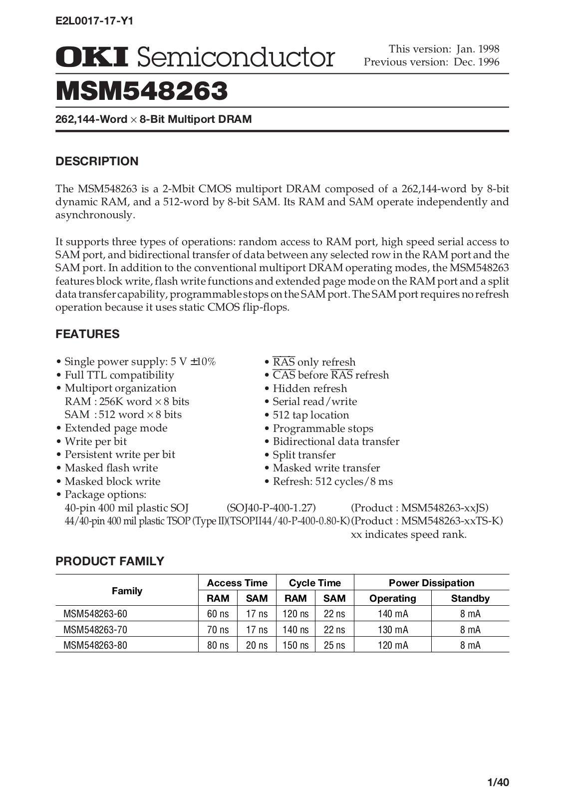 OKI MSM548263-70TS-K, MSM548263-60TS-K, MSM548263-80JS, MSM548263-70JS Datasheet