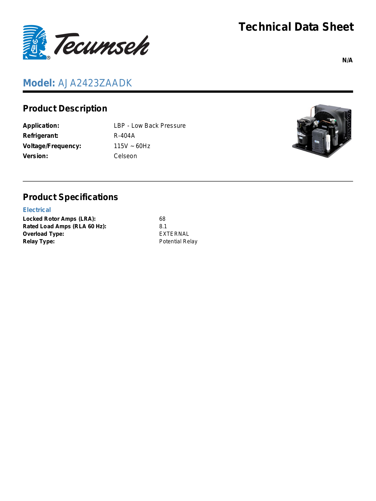 Tecumseh AJA2423ZAADK Technical Data Sheet - ManualMachine.com