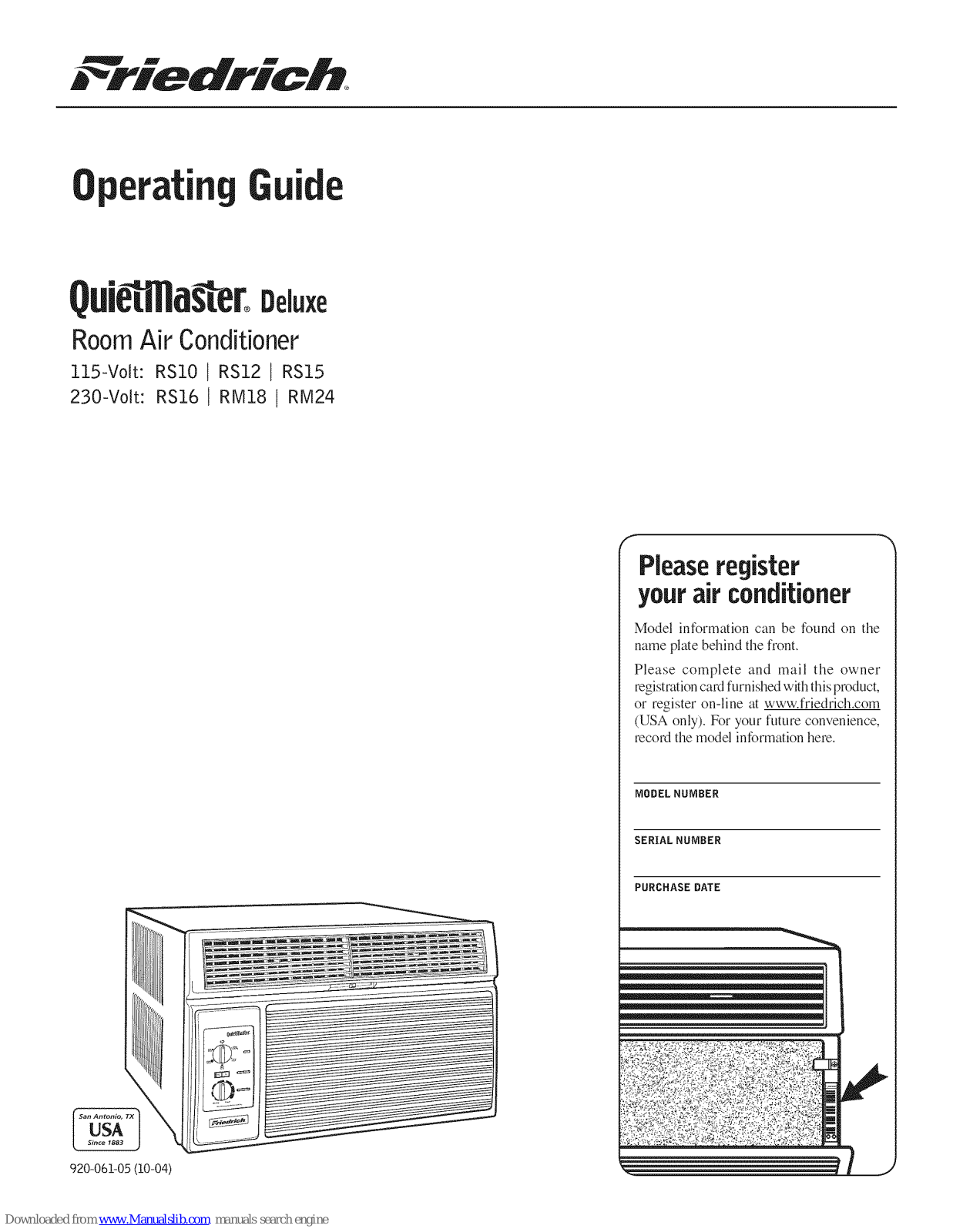 Friedrich QuietMaster RS16, QuietMaster RM18, QuietMaster RS10, QuietMaster RM24, QuietMaster RS15 Operating Manual - ManualMachine.com