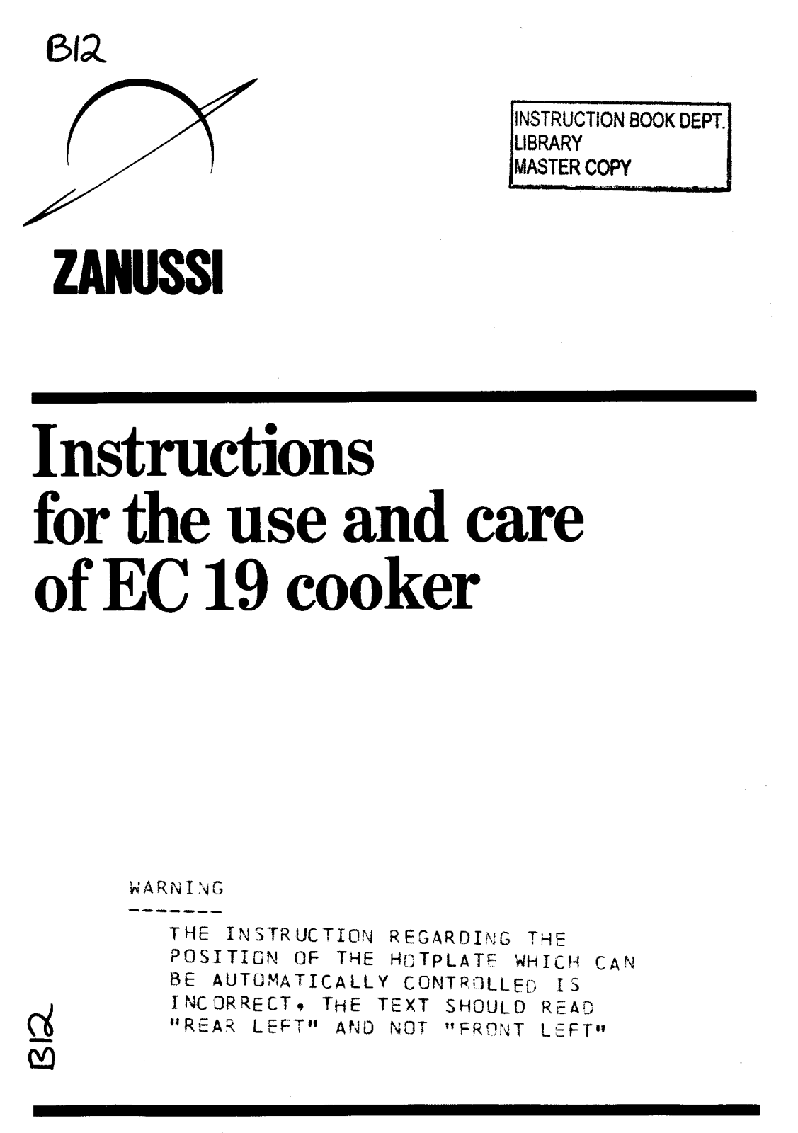 Zanussi EC19 User Manual