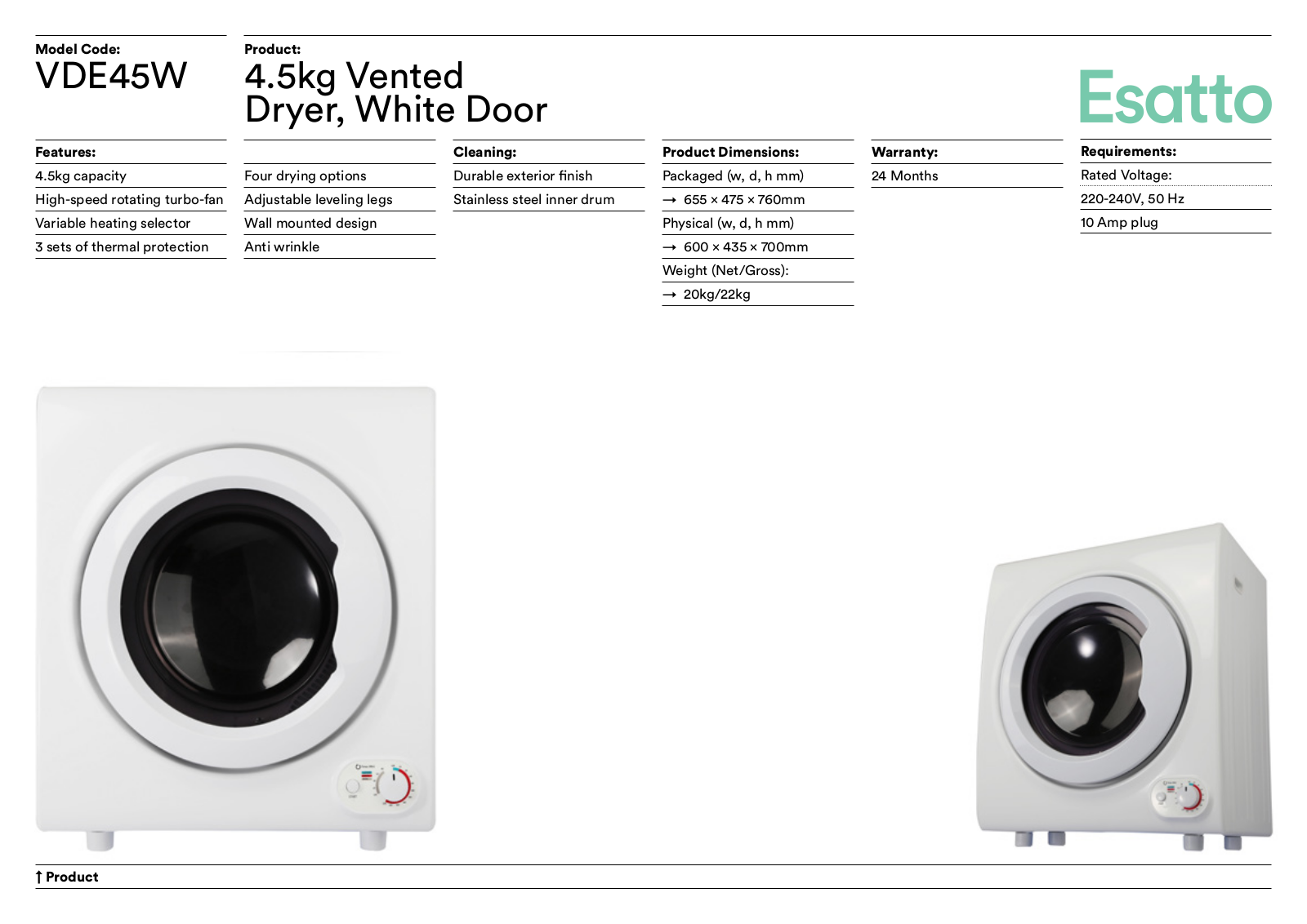 Esatto VDE45W Specifications Sheet