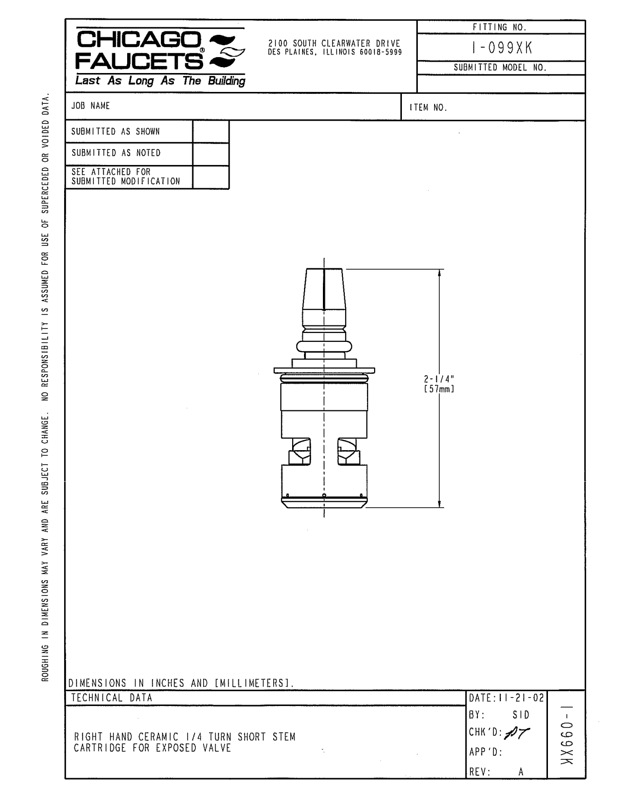 Chicago Faucet 1-099XKJKNF, 1-099XK User Manual